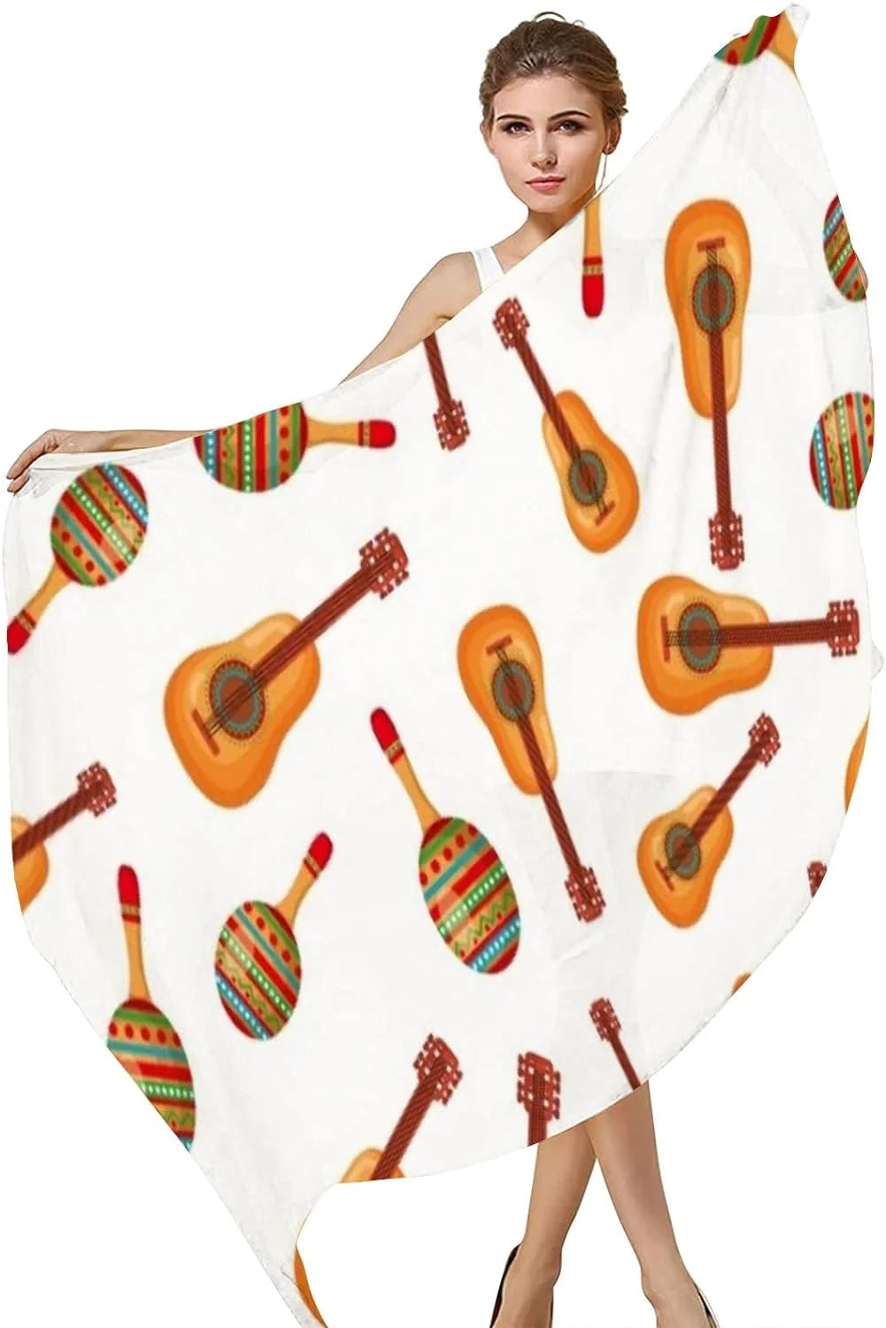 Mexican Neck for Long Lightweight And Pattern Maracas Silk Wrap Scarves Women Guitars Hyjoy Scarf Culture Girls Shawl