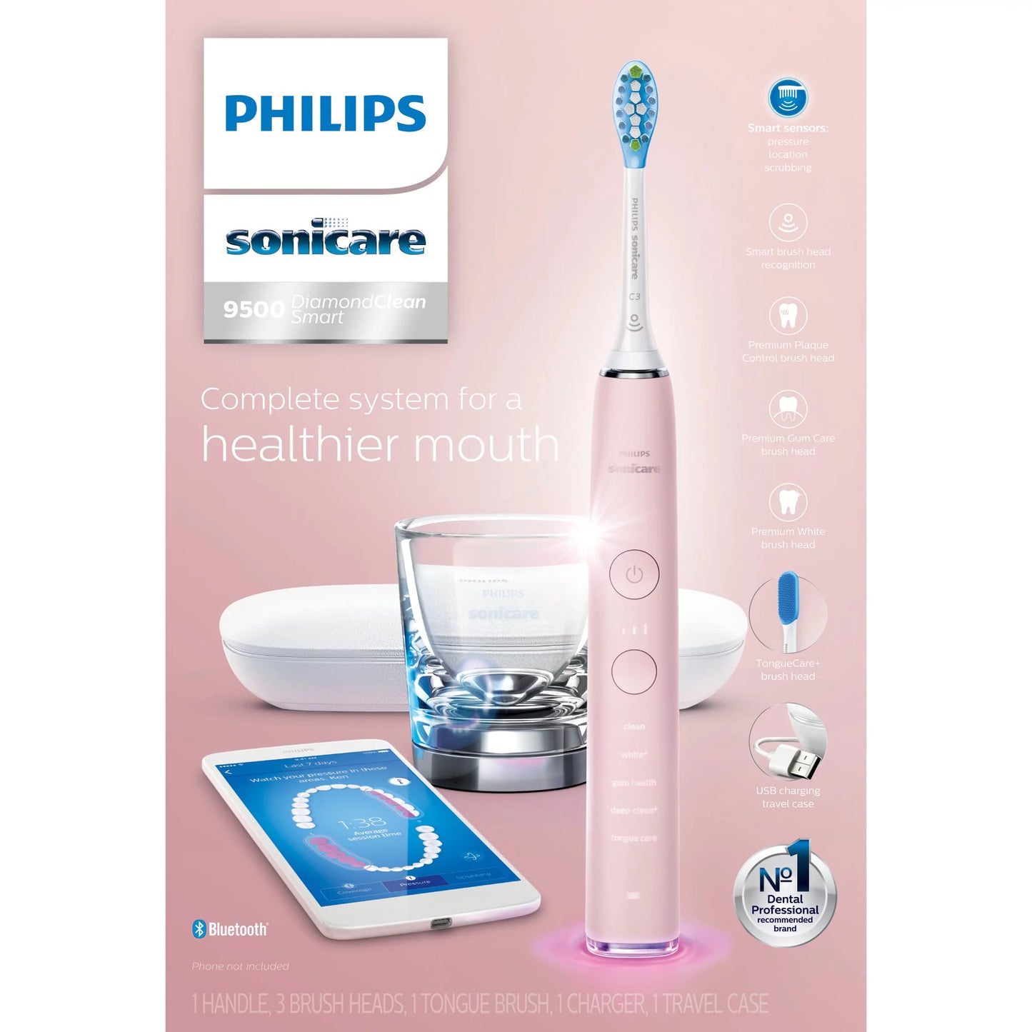 Sonicare 9500 DiamondClean HX9924/21 Power Philips Rechargeable Pink, Toothbrush, Electric Smart