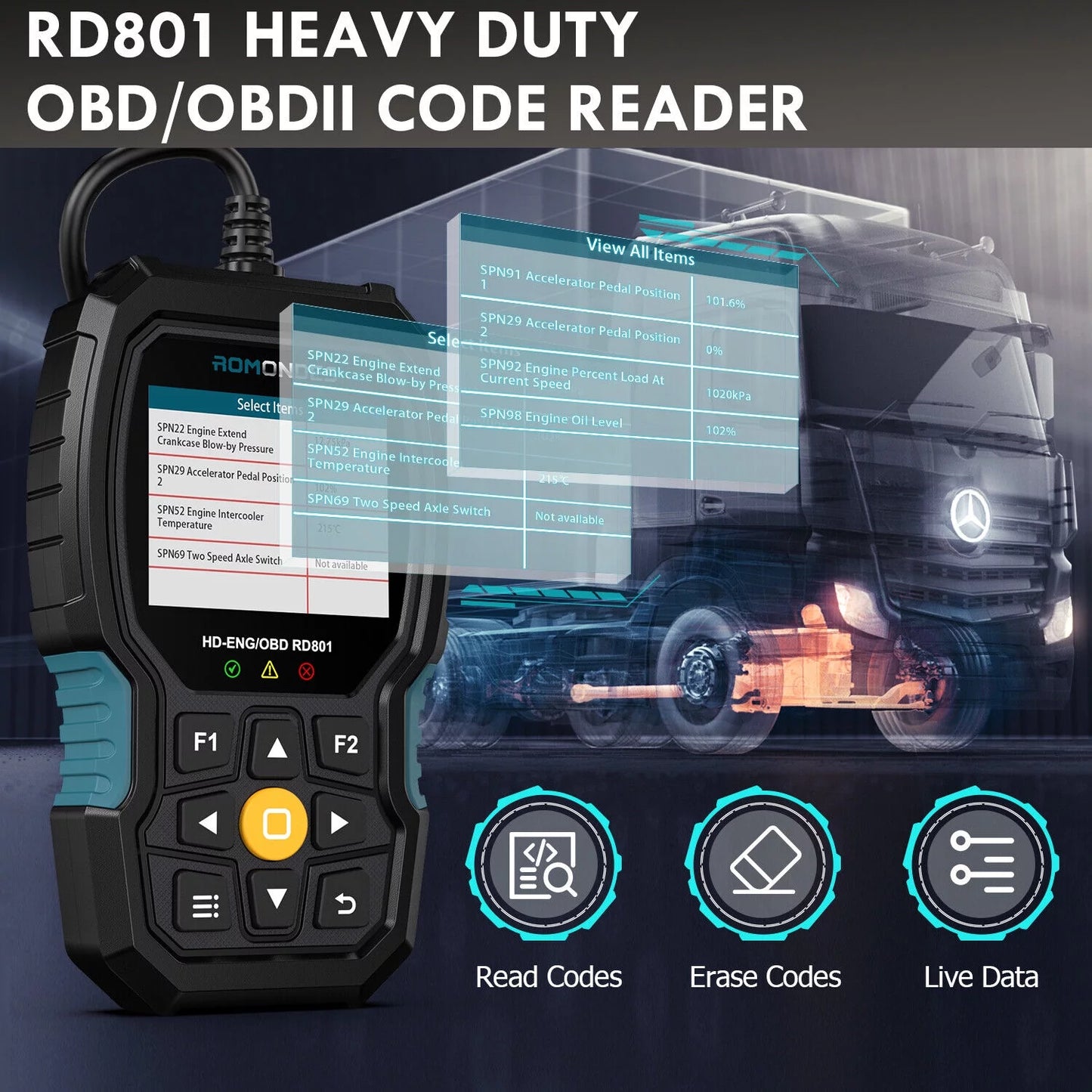 Reader Tools Diagnostic Scanner Duty Oil Romondes Scanner Truck Heavy Diesel OBD2 RD801 Truck Code Reset DPF