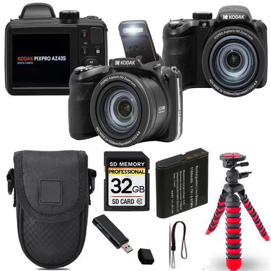 Digital Camera + AZ425 - Kodak Tripod PIXPRO 32GB Kit + (Black) Spider Case