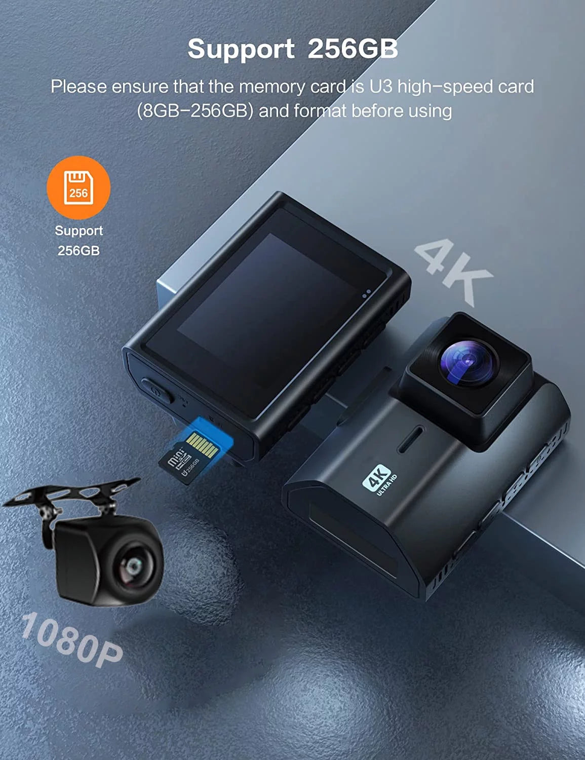 Dual SD Vision, 2 Wide Card, SD Rear Included Loop 64GB Parking Cars, with Cam Inch WIFI, Mode, Night Dash Card 4K Angle, Dash GPS and Dash Cam Camera with Front Recording, for