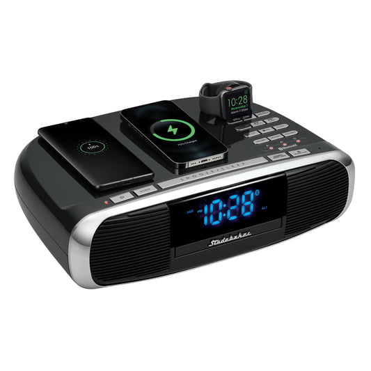 with System FM HiFi Radio, Qi Studebaker Workstaton Charging Wireless Music Station and CD,