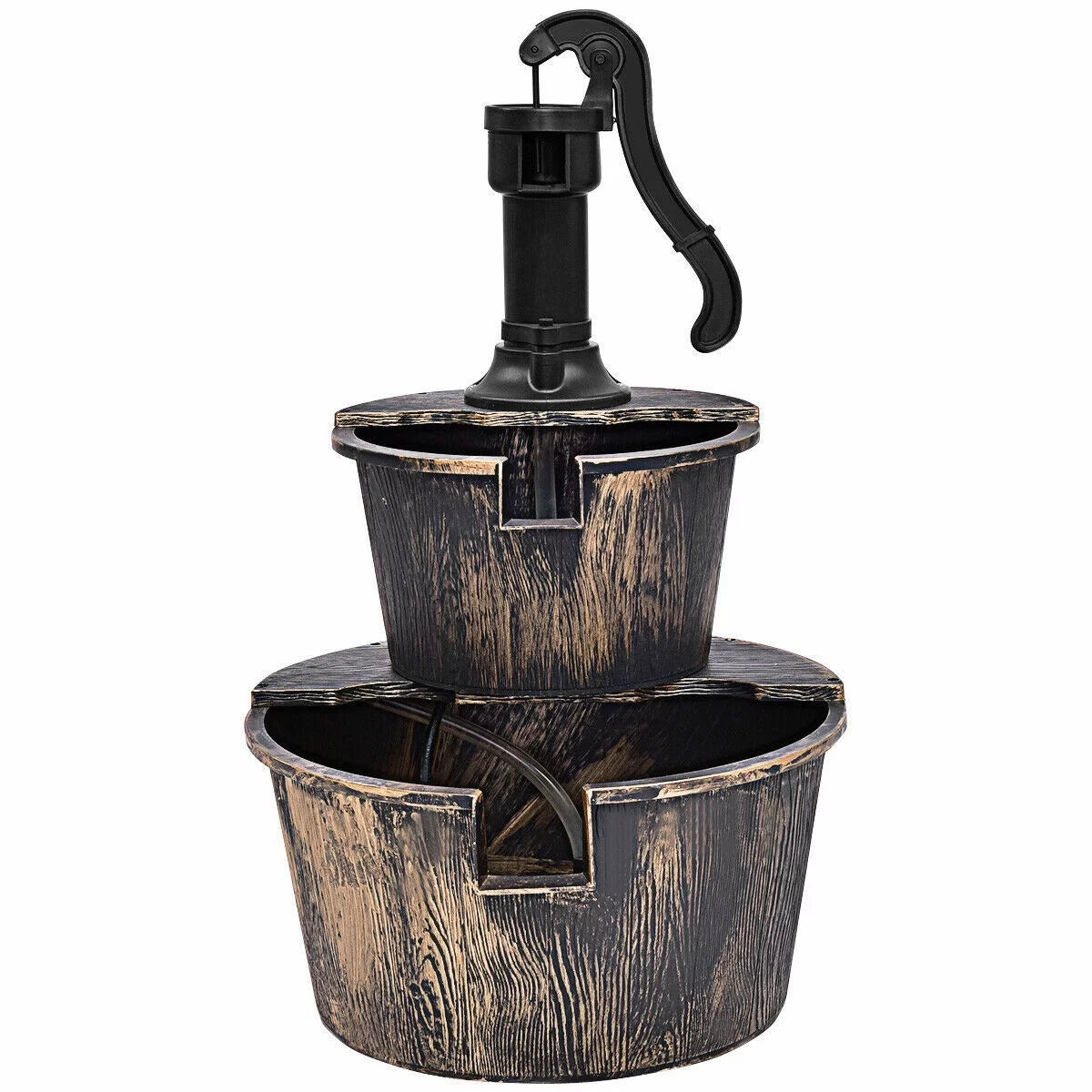 Waterfall Outdoor Barrel Water with Barrel Pump | 2-Tier Garden Fountain Fountain