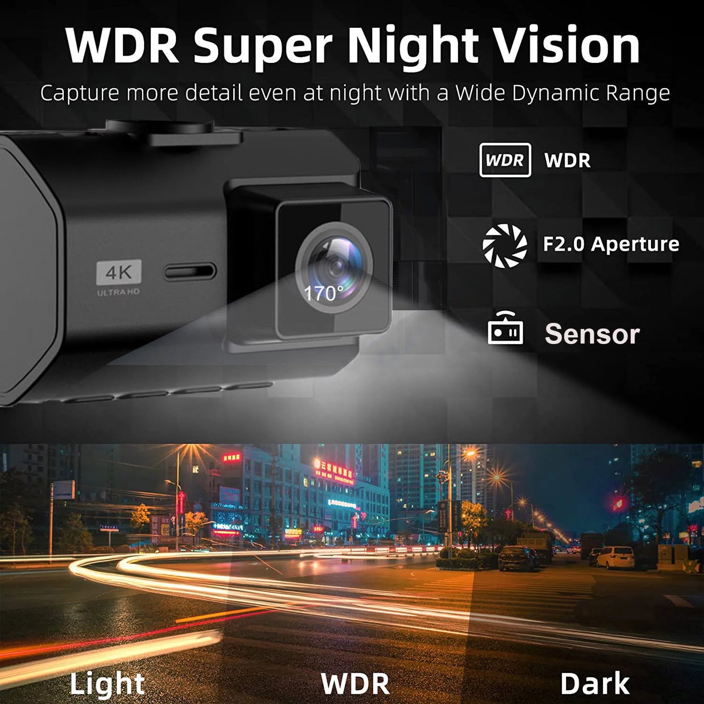 Dual SD Vision, 2 Wide Card, SD Rear Included Loop 64GB Parking Cars, with Cam Inch WIFI, Mode, Night Dash Card 4K Angle, Dash GPS and Dash Cam Camera with Front Recording, for