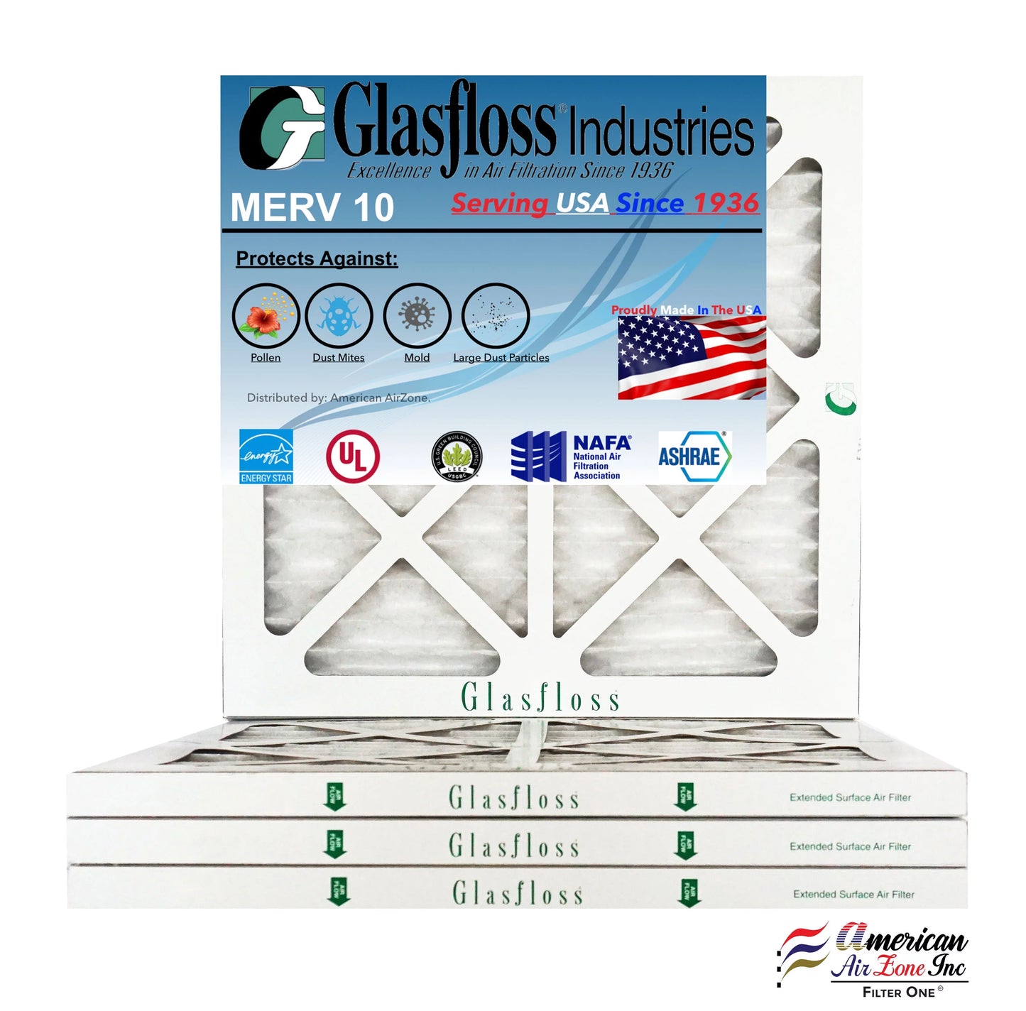 14.5 -Qty:4 Air 15x15x1 Filter - - (Actual 14.5x7/8 Glasfloss in 10 inch) - Furnace Made x USA MERV Size: