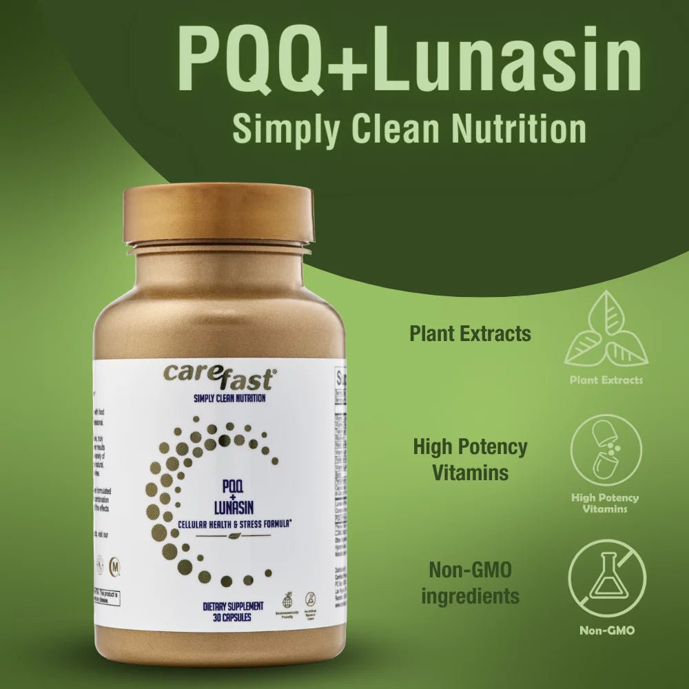 Non-GMO Dietary Carefast 20mg 30 LunaCell Mitochondrial 10mg - Quinone, Formula, - Pyroloquinoline Supplement Stress Bioactive Biogenesis, Lunasin & Vitality PQQ Cellular Health Capsules