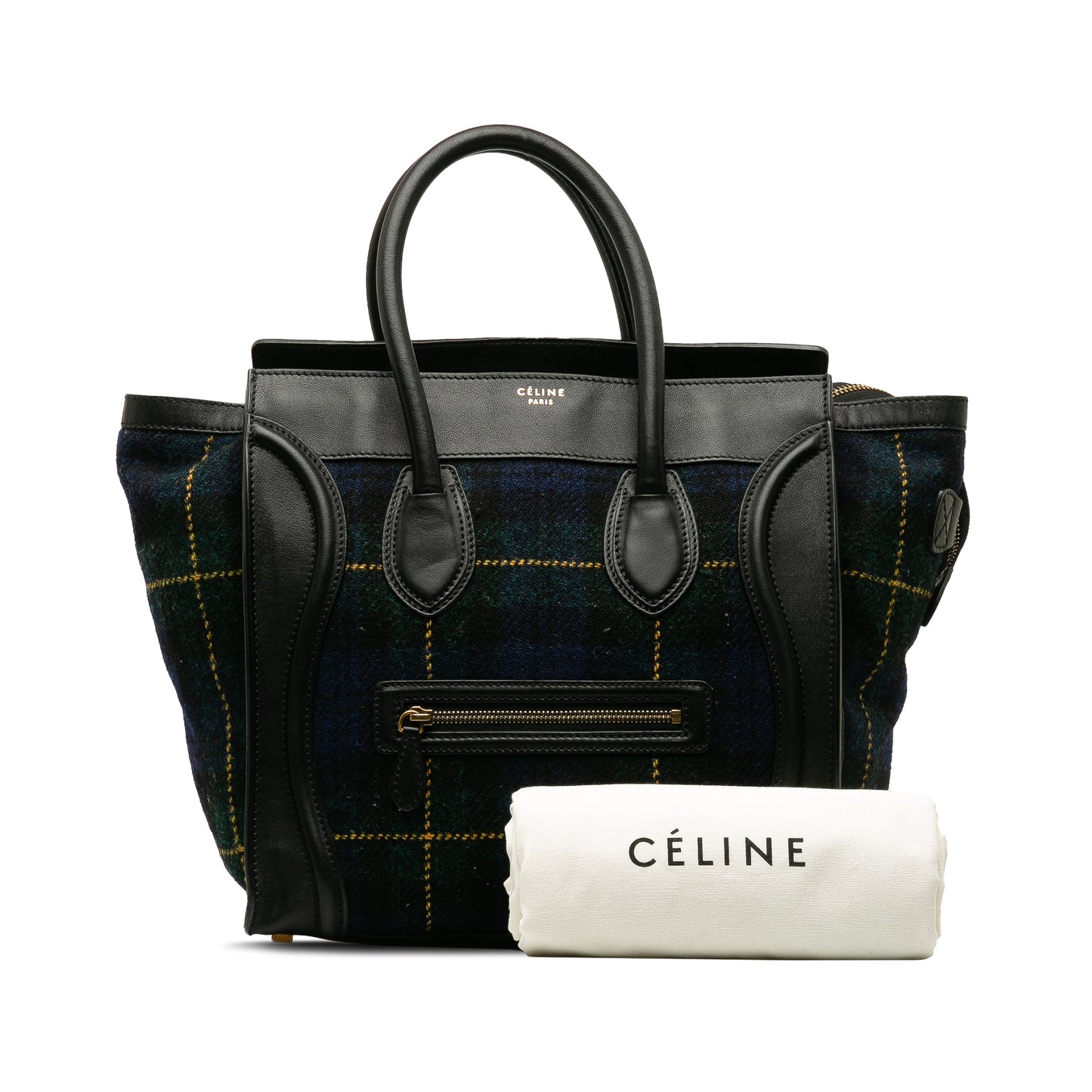 Authenticated Tote Celine Tote Unisex Wool Blue Fabric Tartan Mini (Good) Bag Pre-Owned Luggage