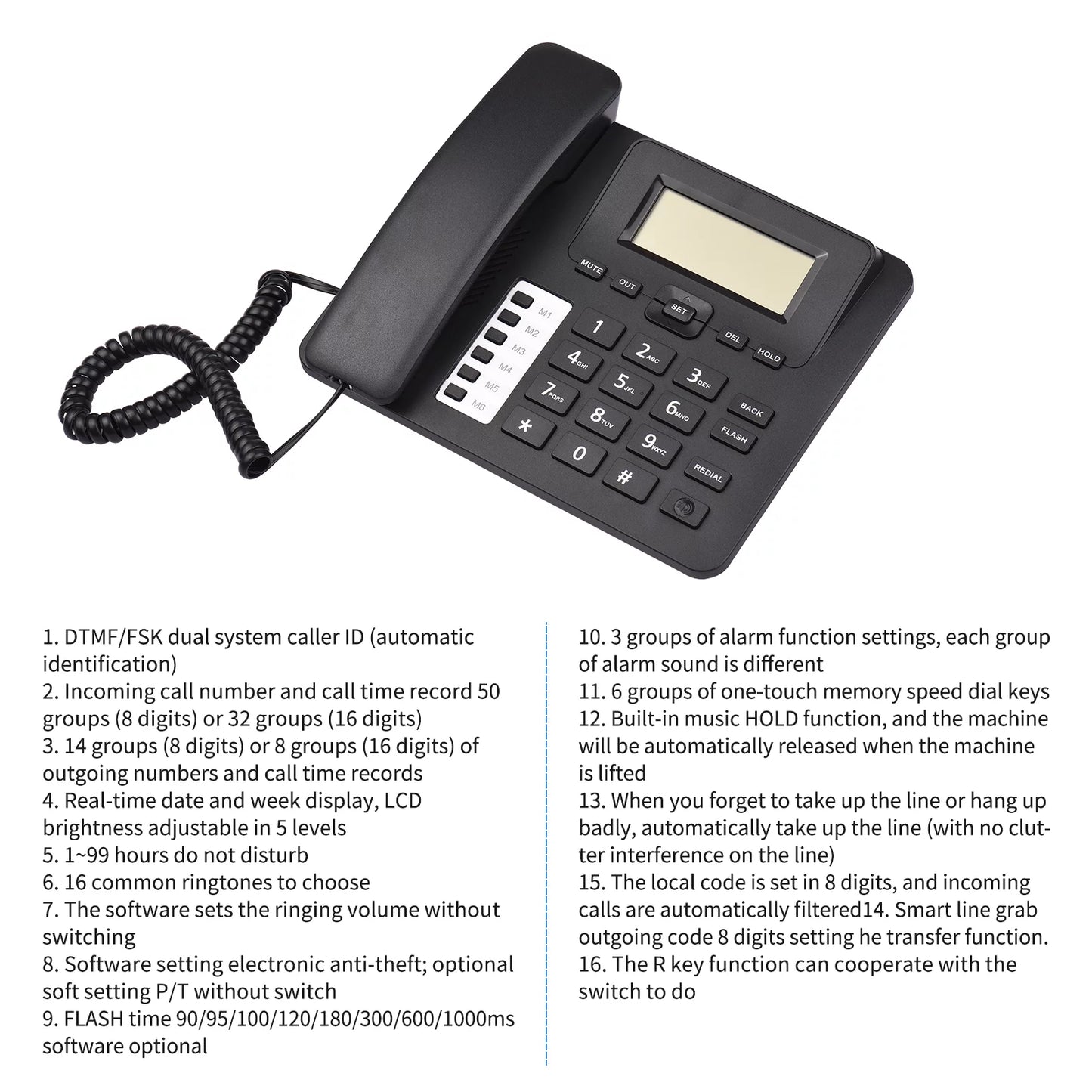 Support Seniors Elderly Sound Black Landline Corded Hands-Free/Redial/Flash/Speed Chip Real-time Control Home for System Phone Dial/Ring IC Dual Date Phone Telephone Desk DTMF/FSK Built-in