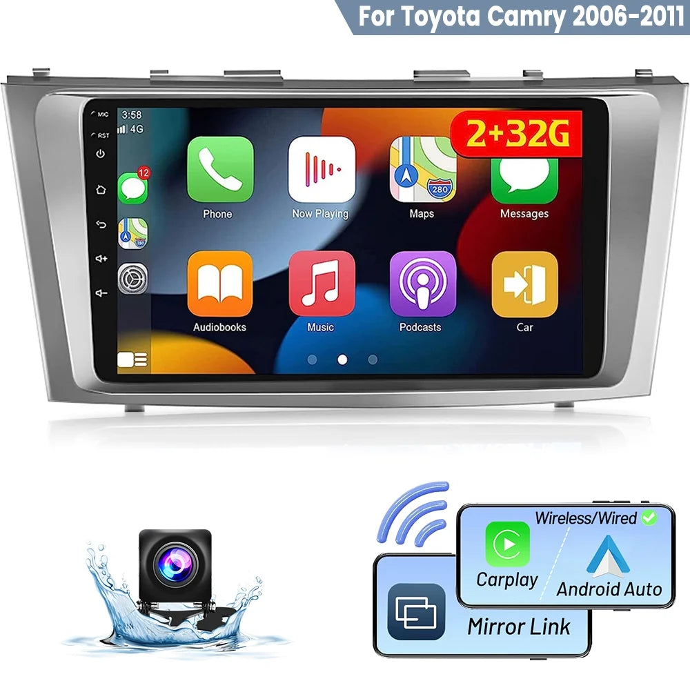 Car WIFI Toyota AHD for Podofo Radio Wireless Mirror Auto GPS 2+32G Touchscreen Backup Carplay Camry Android FM 2006-2011 Camera HD Link 1080P Stereo 9'' Hifi Bluetooth,