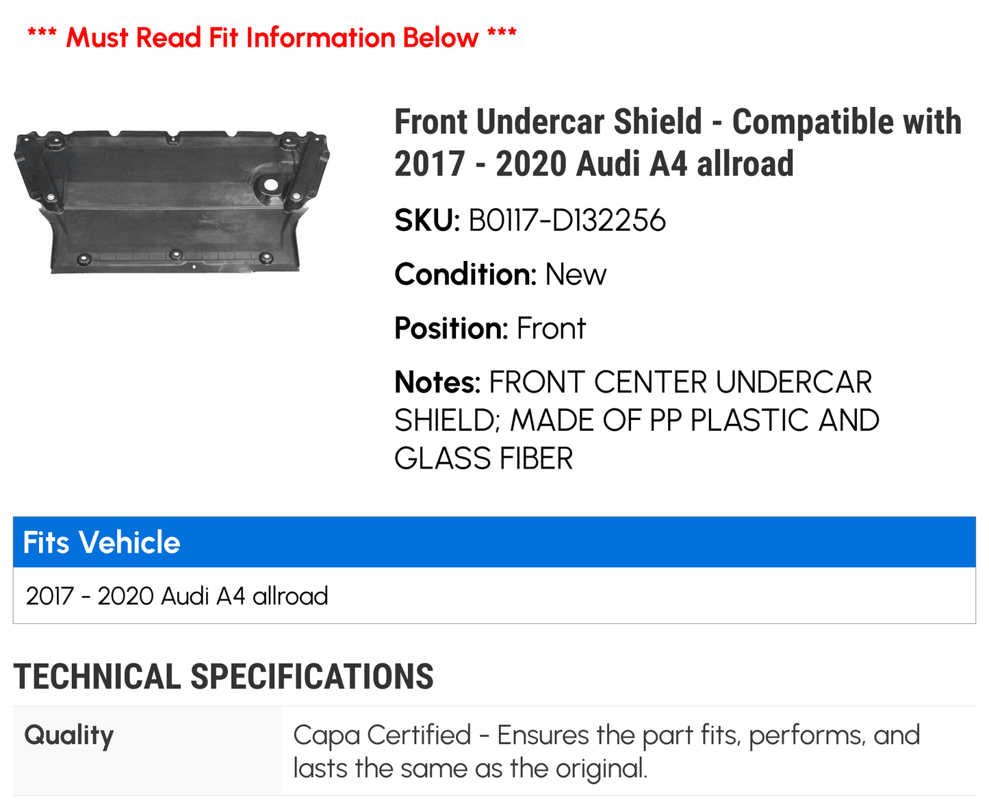 2018 2017 Undercar 2020 Shield - 2019 A4 - Audi Front Compatible with allroad