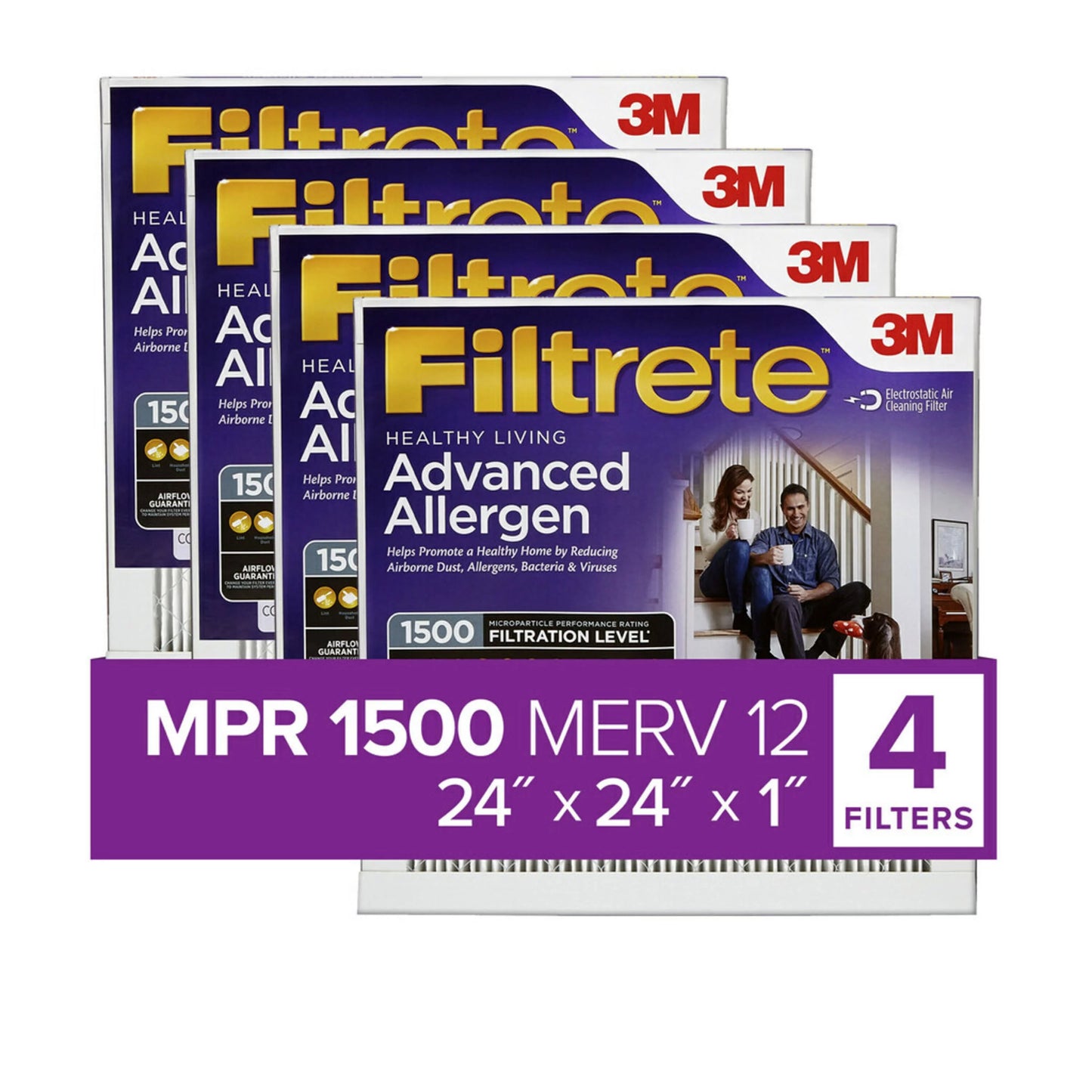 4 24x24x1 1500 Advanced Filters 12, MERV Allergen Air Filtrete MPR Filter, Reduction,