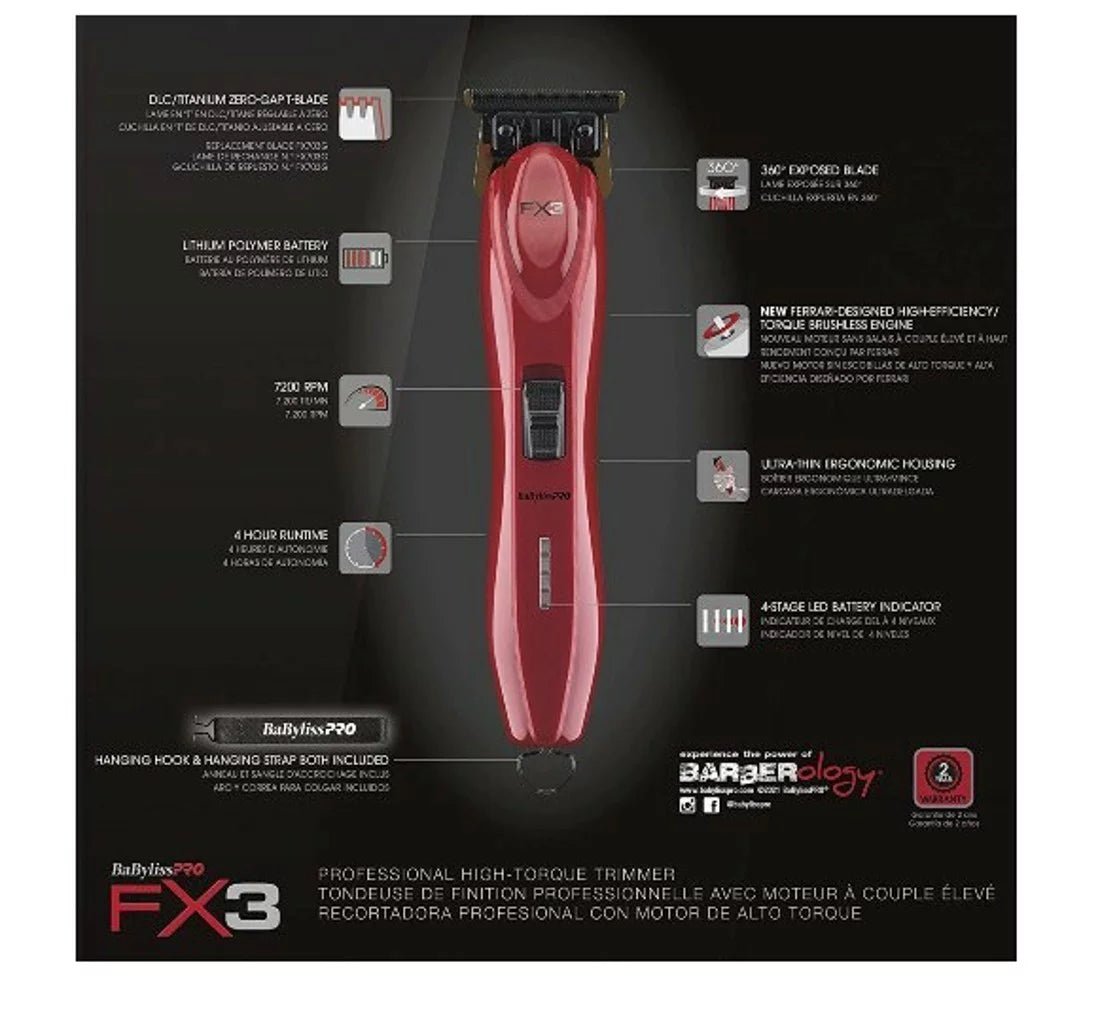 Pro Trimmer #FXX3T Cordless FX3 High-Torque Red Zero-Gap BaByliss T-Blade Hair