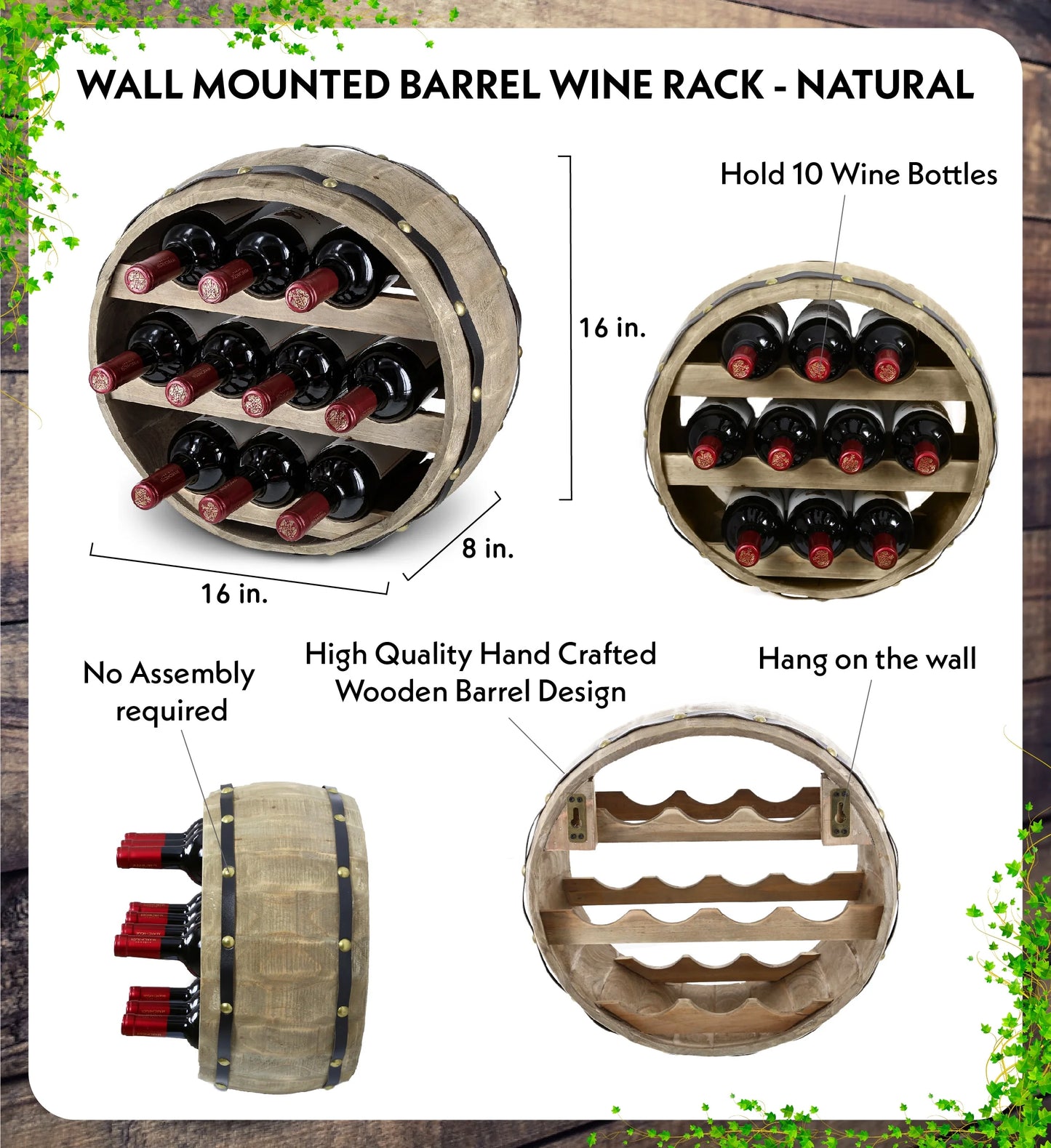 Wood Barrell Global Wall Cota Mounted Natural Rack Wine