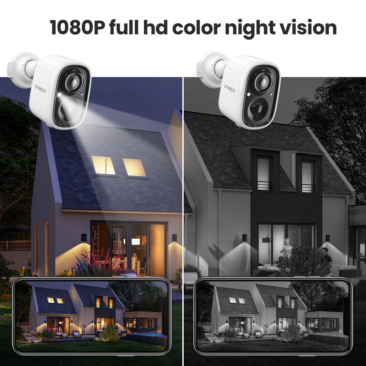 Security SD/Cloud WiFi Waterproof, Night 2 TMEZON Home Wireless 2K Audio, Motion Vision for Outdoor Battery Powered Camera Surveillance Camera Way Detection, with AI Rechargeable