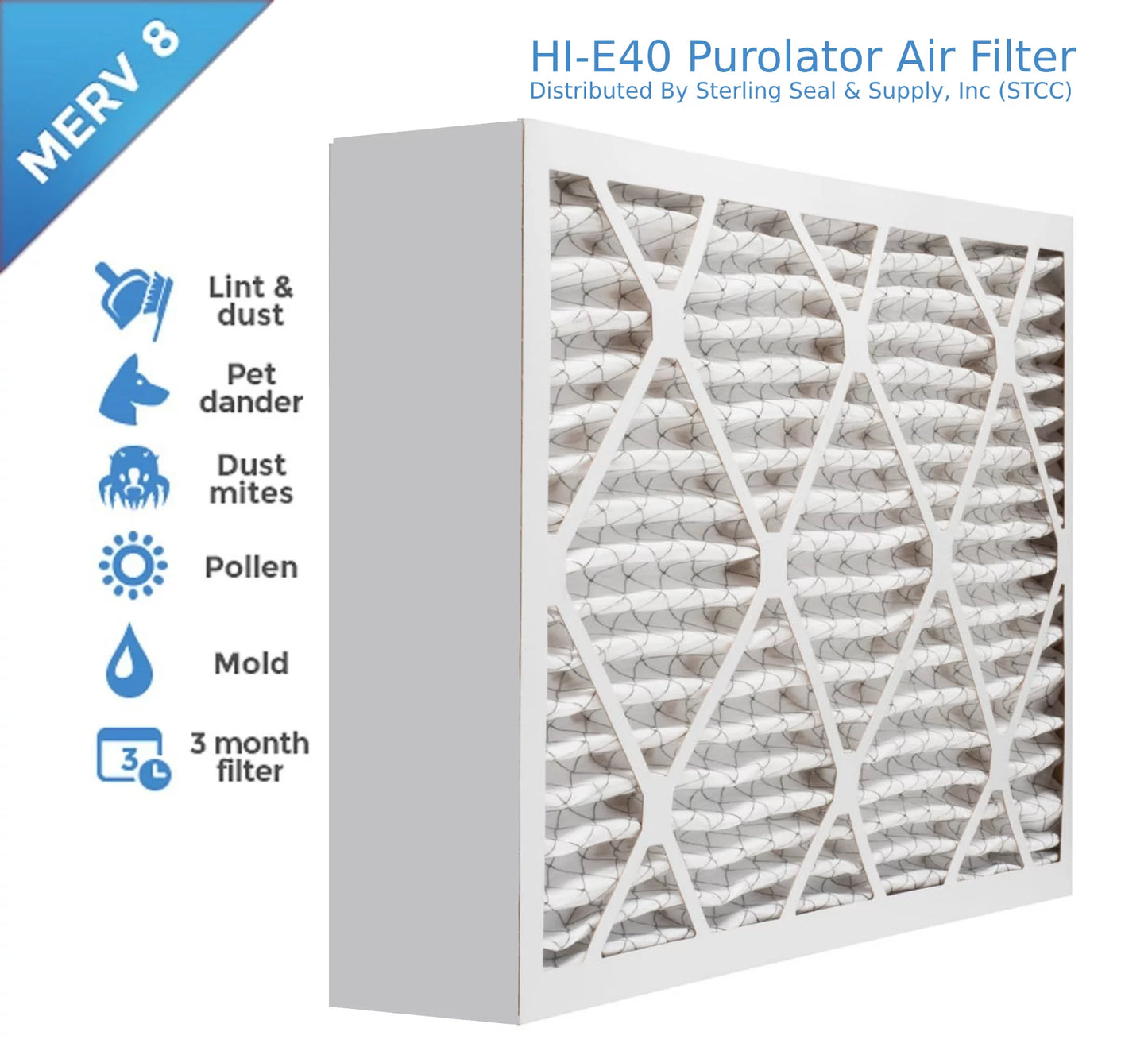 Air Mechanical 40 16x20x4, MERV (3 Surface Pack) Pleated Extended Purolator Hi-E 8, Filter,