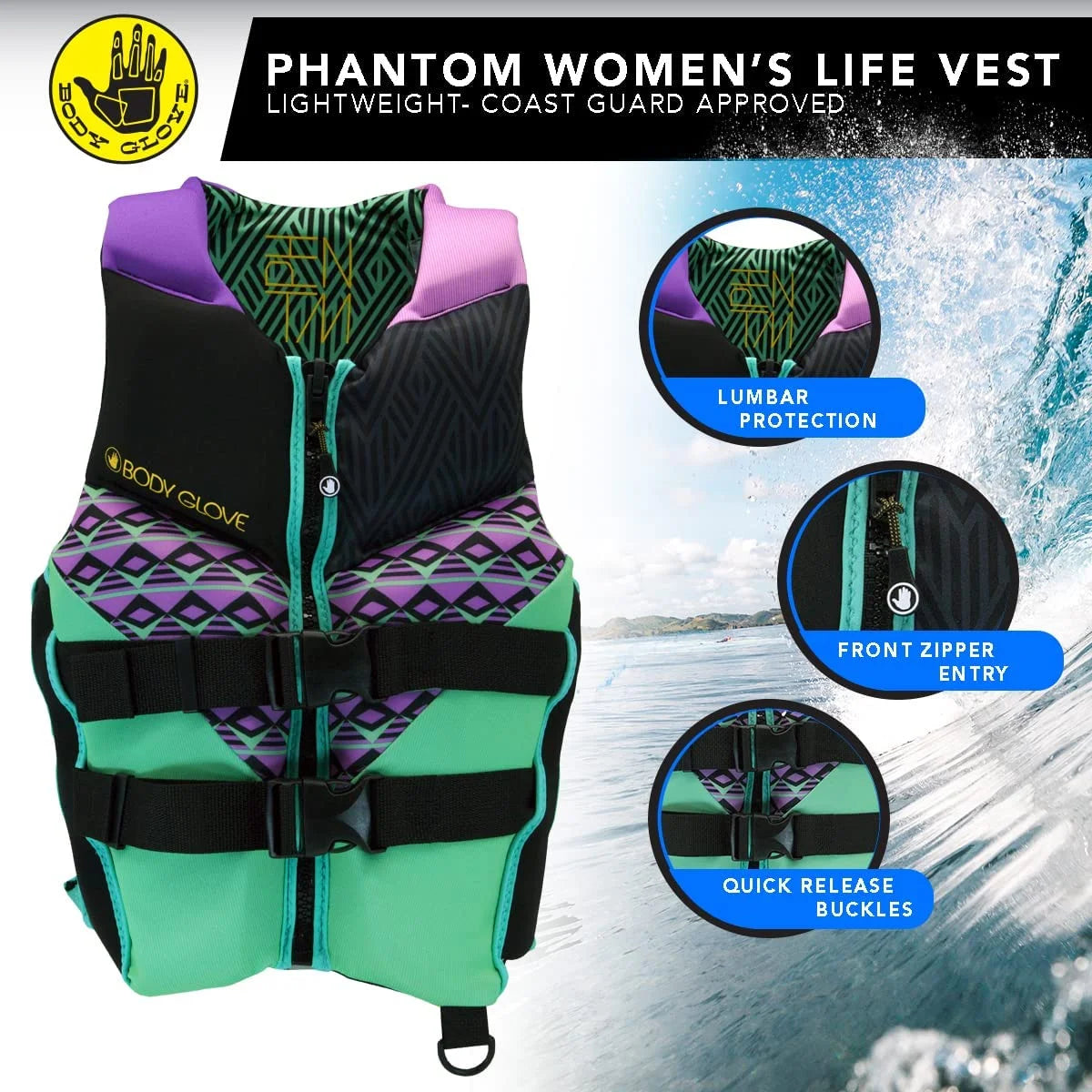 2XL, -Adult, Women, Jacket Body Women's PFD-Adult Aqua Phantom Life Glove-