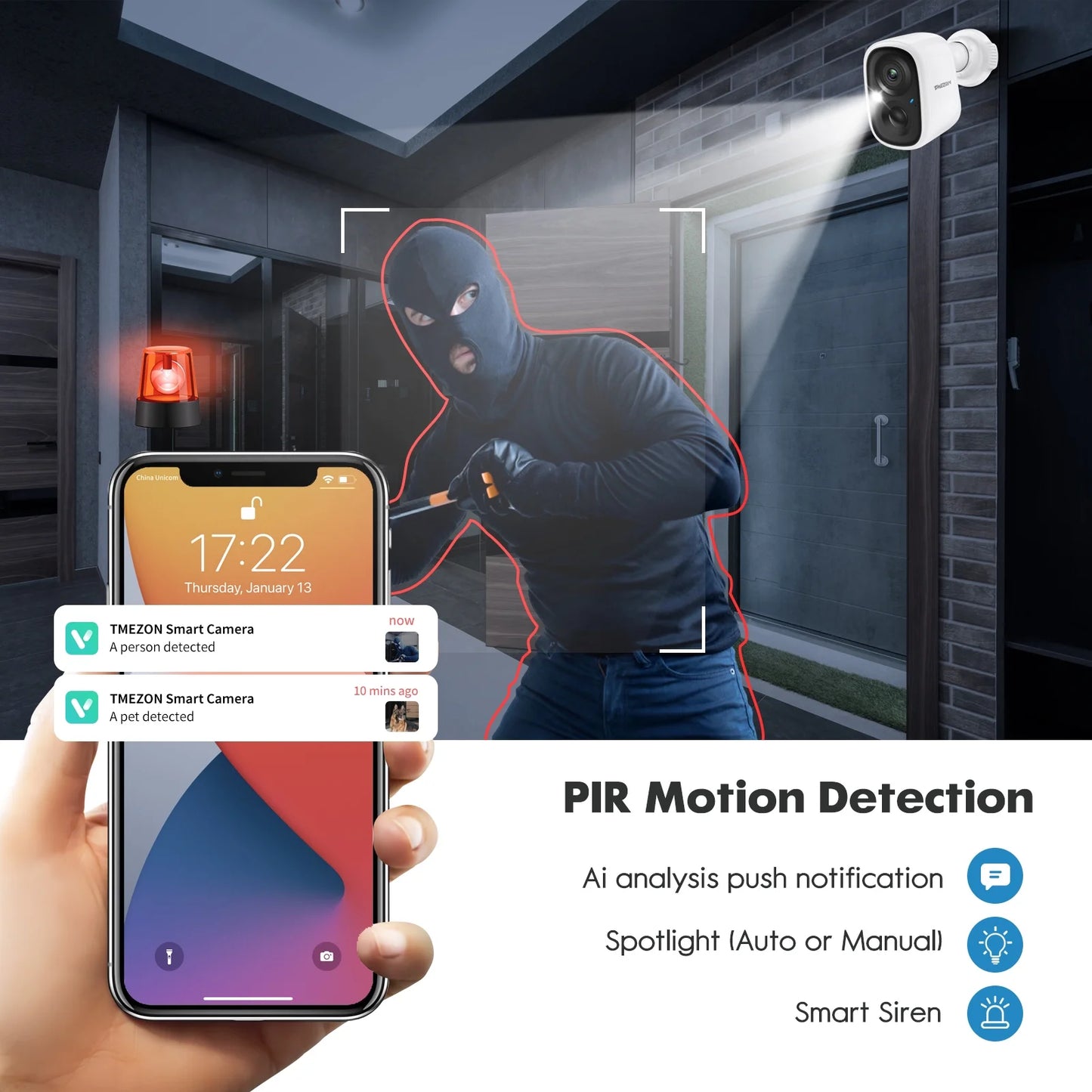 Security SD/Cloud WiFi Waterproof, Night 2 TMEZON Home Wireless 2K Audio, Motion Vision for Outdoor Battery Powered Camera Surveillance Camera Way Detection, with AI Rechargeable