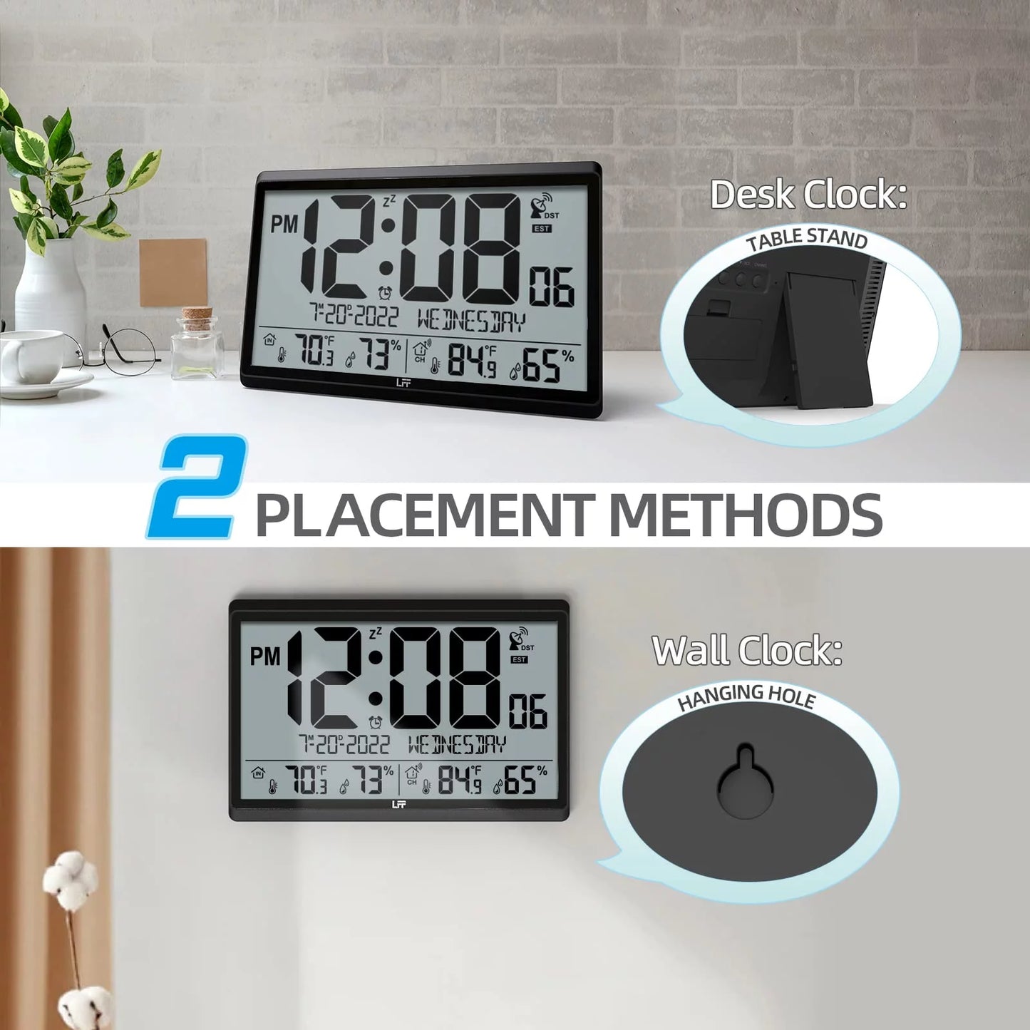 Atomic & Wall Indoor - with Humidity, 4.5" Numbers Needs 15" Operated, Digital with Outdoor Setting, LFF Temperature Never Clock Clock Black Easy-to-Read, Atomic Wall Clock Battery