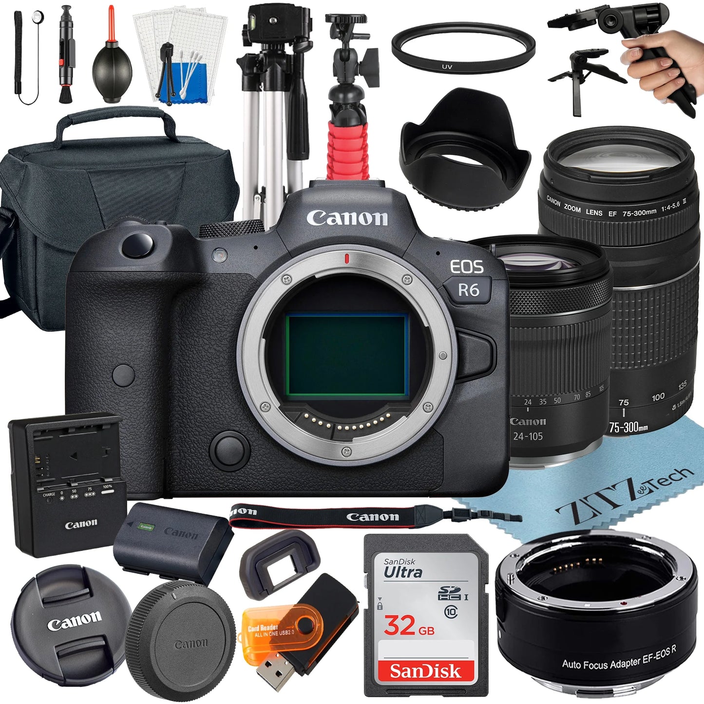 ZeeTech 32GB R6 Mirrorless 24-105mm Adapter Camera + + Mount SanDisk with Canon Accessory Lens STM RF + 75-300mm EOS +