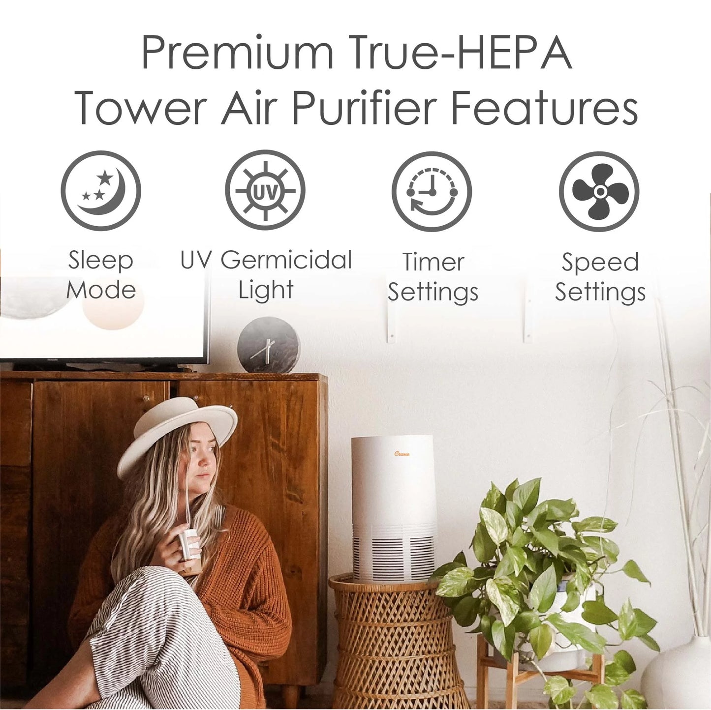 Air feet Light, White Tower Crane Purifier - 300 True HEPA with USA UV Sq Coverage,