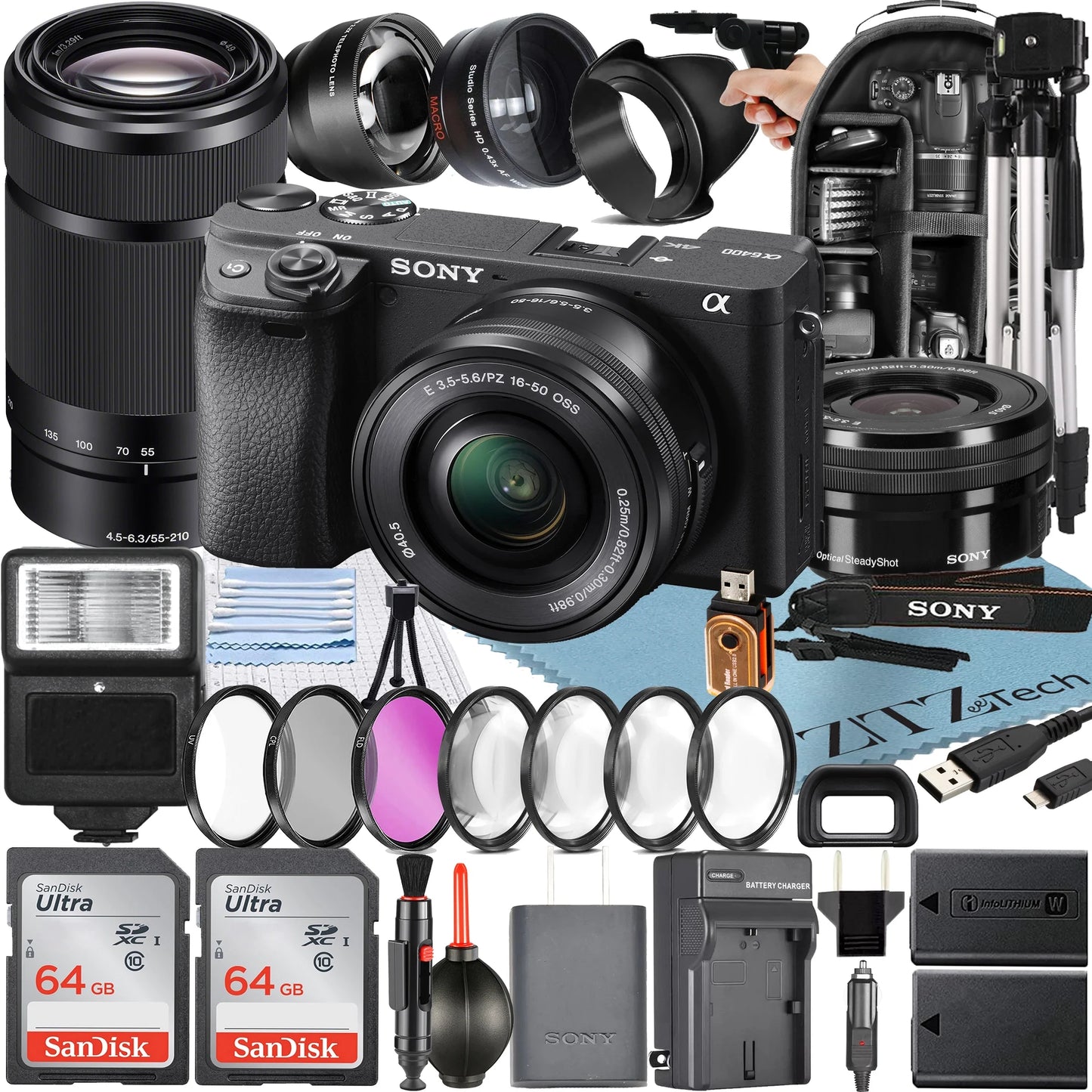 SanDisk Pack ZeeTech a6400 + PZ + Accessory Digital + E E Alpha Card 2 + OSS Sony Backpack 16-50mm Camera Lens 55-210mm Mirrorless Bundle with 64GB