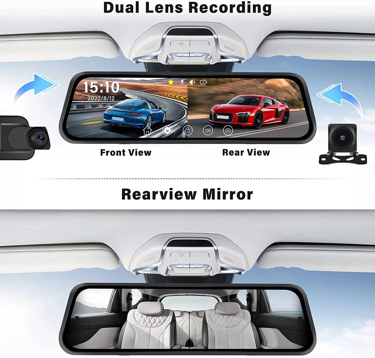 Card 32GB Vehicles Parking Night Cameras View Mirror Car 9.66" and Monitoring,with Podofo Dash Vision Front Screen for Cam Touch Rear Dual