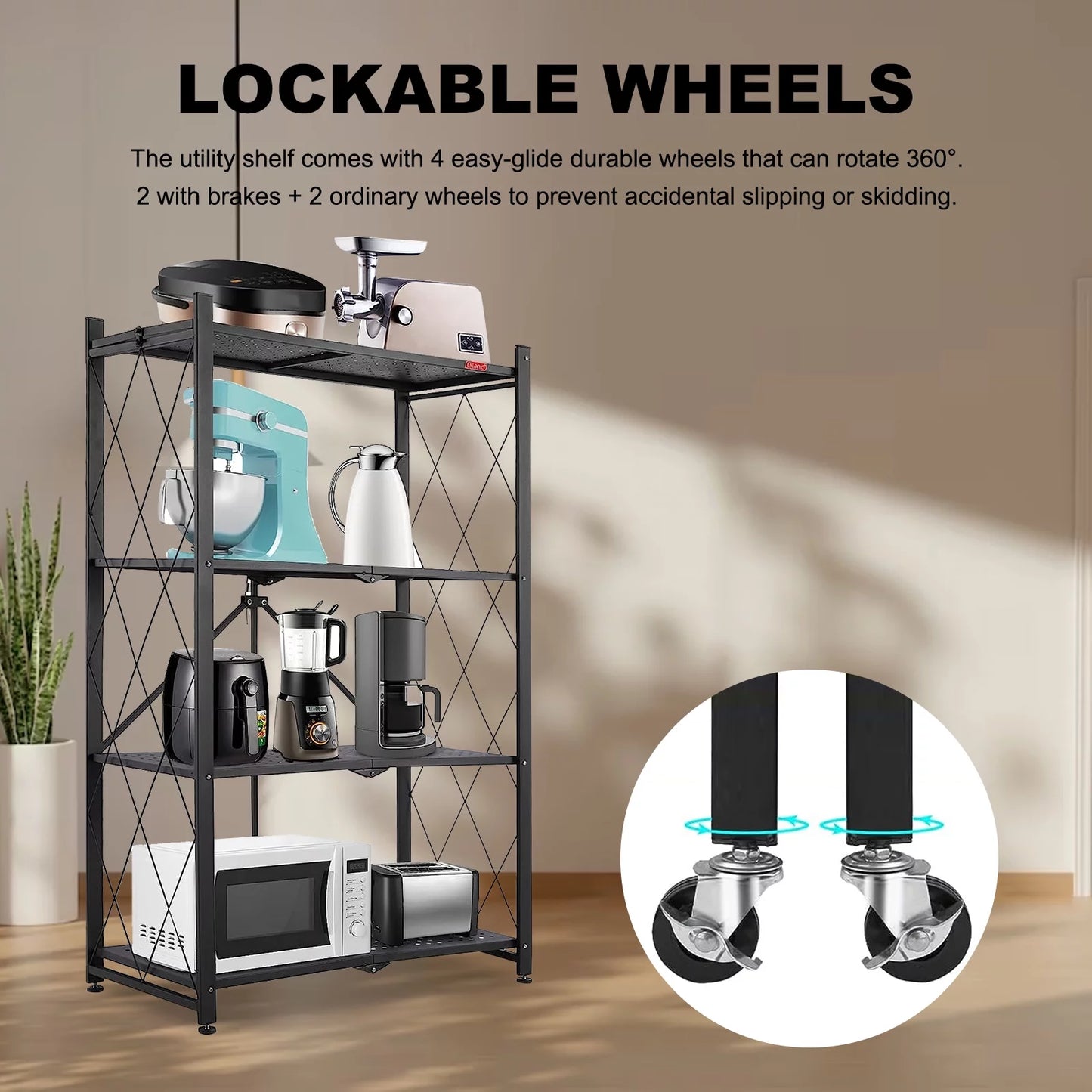 Storage Shelf Pantry Kitchen 4-Tier Room Collapsible Rolling Black Shelves, Metal Office & with Cart Closet for - Wheels Shelving Decor Foldable - Unit Organizer, Display, Storage Books