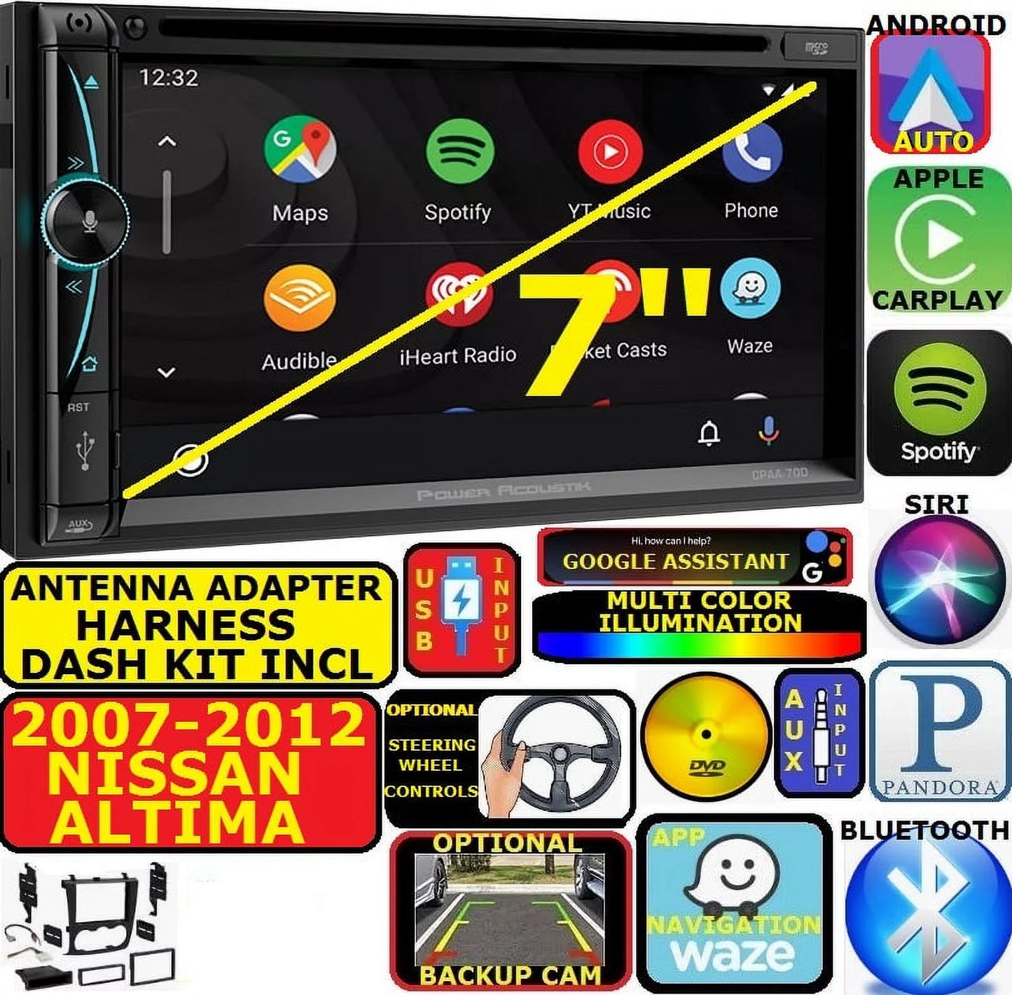 BLUETOOTH ANDROID NAV CARPLAY RADIO AUTO ALTIMA CD/DVD 07-12 CAR FITS/FOR