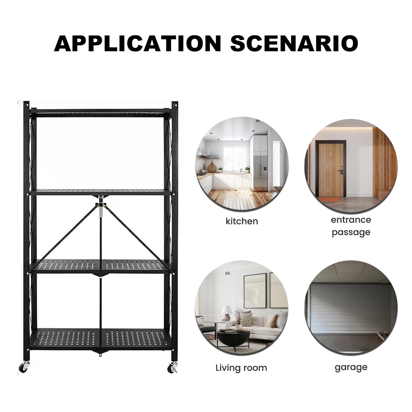 Storage Shelf Pantry Kitchen 4-Tier Room Collapsible Rolling Black Shelves, Metal Office & with Cart Closet for - Wheels Shelving Decor Foldable - Unit Organizer, Display, Storage Books