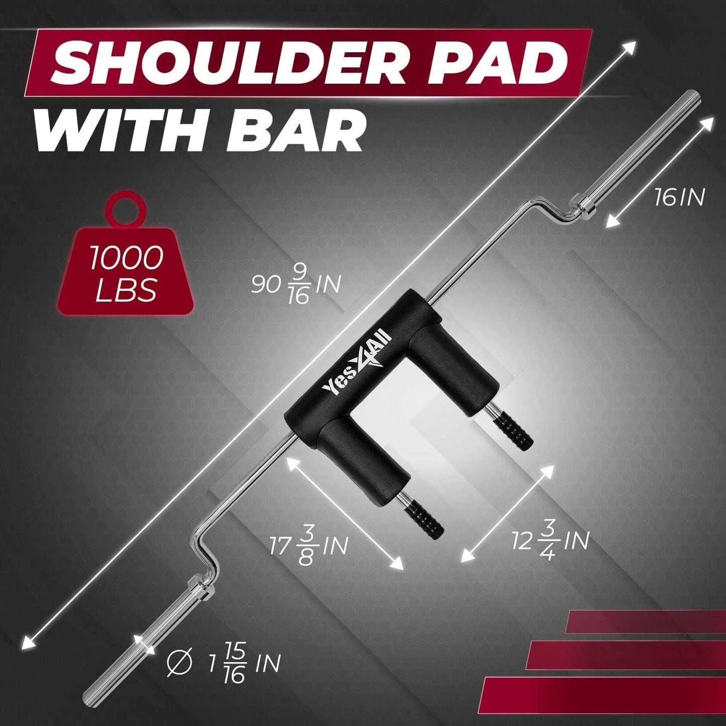 Comfortable Bar 1000LB, and Weights & and Extra Olympic Squat Shoulder with Yes4All Bar Bar Free Pad for Strength Handle Attachment Neck Pads, Body Squat Building Training, Anti-Slip