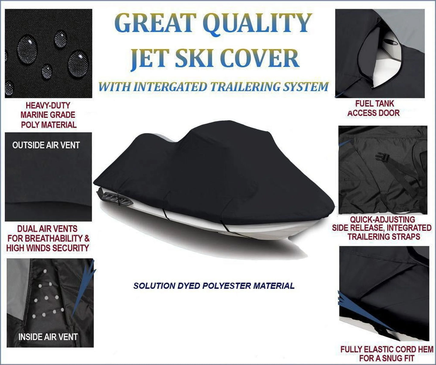 Polaris for Seater 2000 Pro DENIER 1200 JetSki Cover Compatible BLACK Jet 600 1-2 Cover Ski 2001