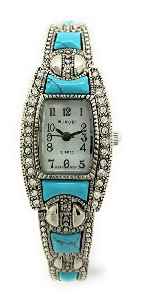 Dial Square Metal Ladies Pearl Watch (Silver Link Stones Turquoise) Fashion Wincci Bracelet