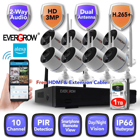 10 Audio,8Pcs NVR CCTV Vision,AI Security 1TB Drive, DetectionCAM-WIFI-8CHS-WFS) Channels, Wireless Surveillance 3MP Outdoor with Cameras,P2P,Night System Kits, Hard Indoor Human Camera