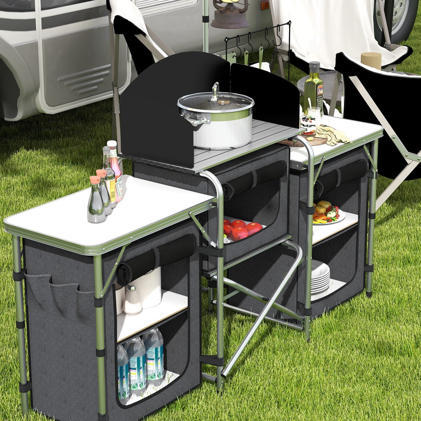 Outsunny Fabric Kitchen Folding Windshield with Cupboards Black Camping