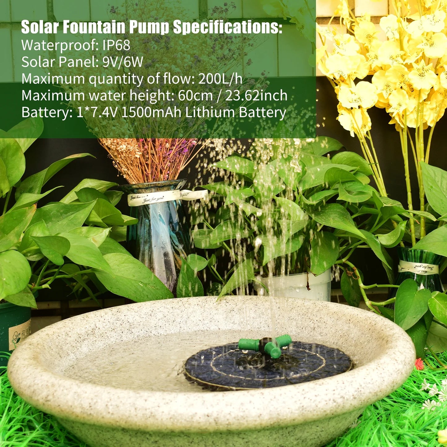 Solar Fountain Fountain Small 6W off Garden Battery 9 Bath Auto-Shut for Nozzle Rotatable Pump RGB With Colorful Solar Inch Pump With Pond Bird