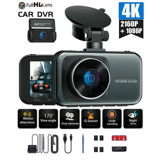 Cam Rear Cars, Support and Dual 256GB 4K+1080P 3" Dash Cam Front Camera with Dash Monitor, Car Dash Parking for