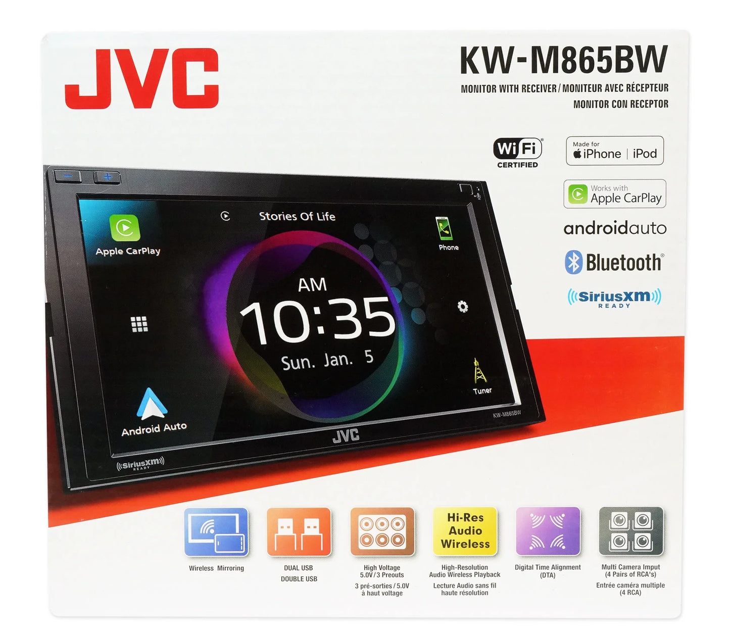 Auto, Receiver Siriusxm Media Double-Din with Carplay, in-Dash Mobile All-Digital Bluetooth, KW-M865BW 6.8-inch Ready and JVC Android Apple