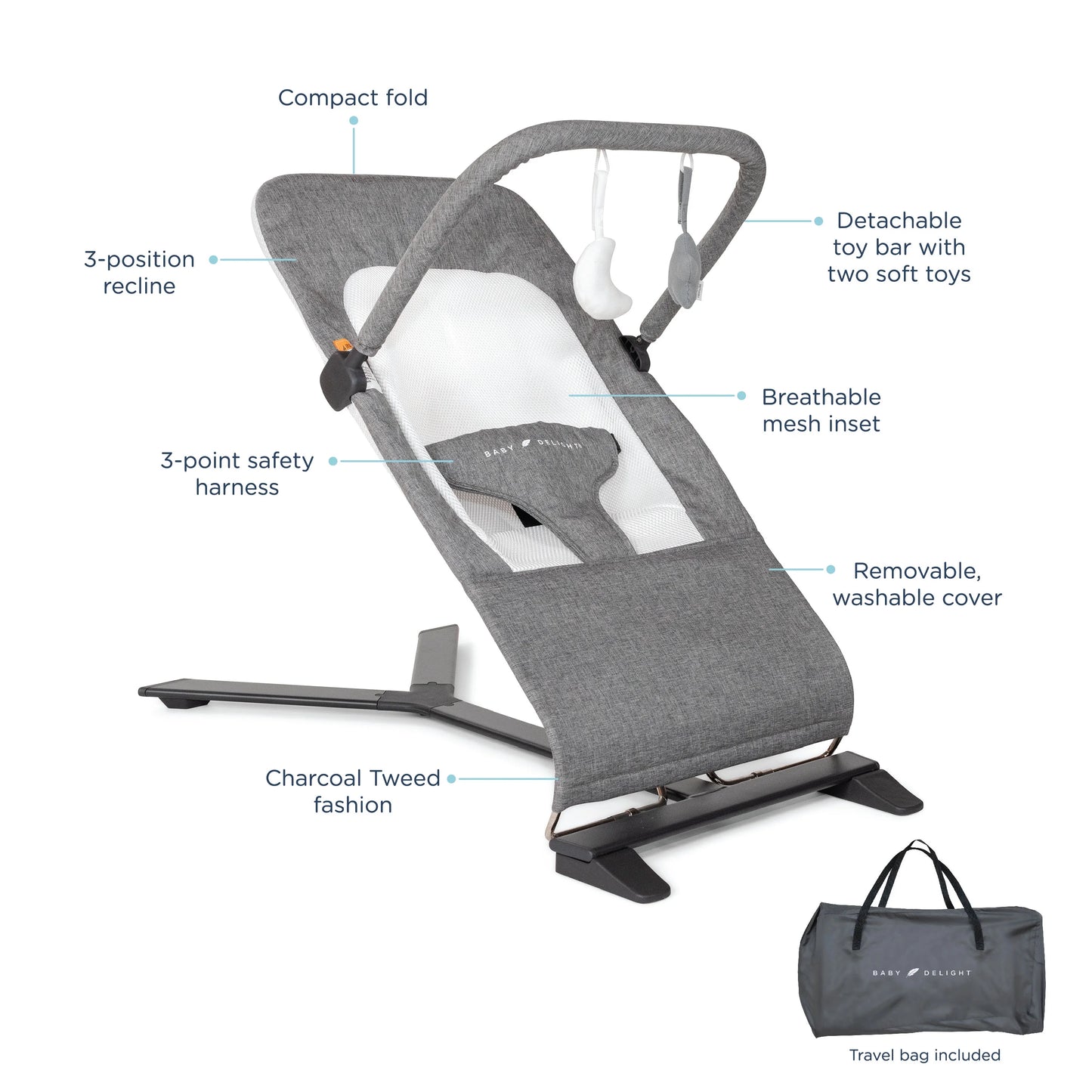 Tweed Months, Baby Deluxe Delight Bouncer, 0-6 Baby Portable Charcoal Infants Alpine for