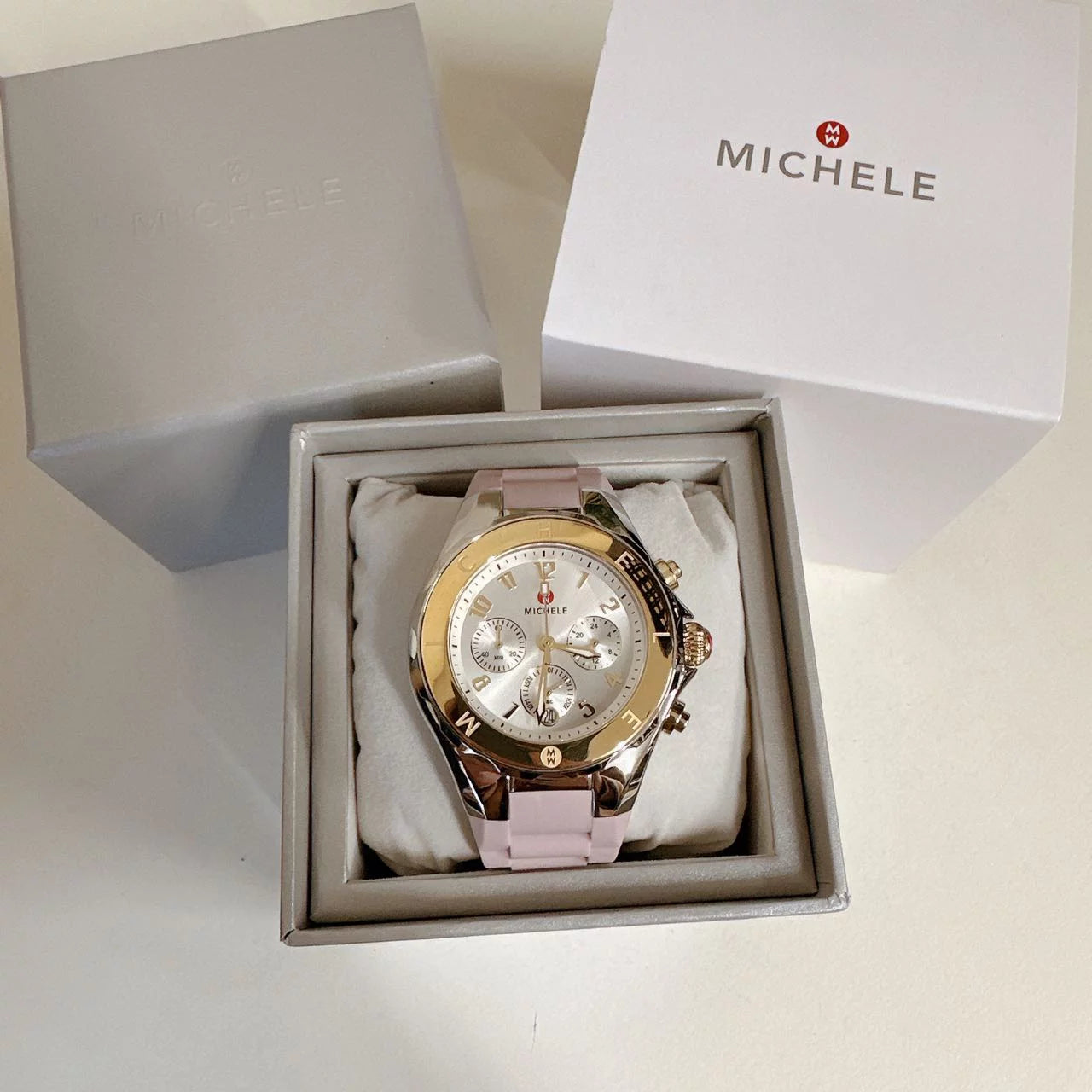 MWW12F000105 Gold Two Watch Tone Pink Tahitian Bean Jelly Michele Silver