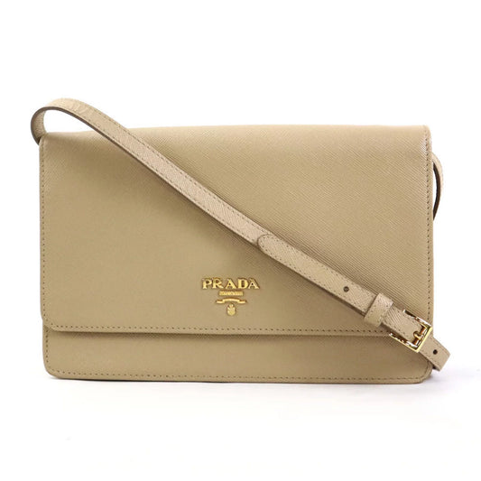 ladies Prada shoulder leather (Good) wallet Pre-Owned beige