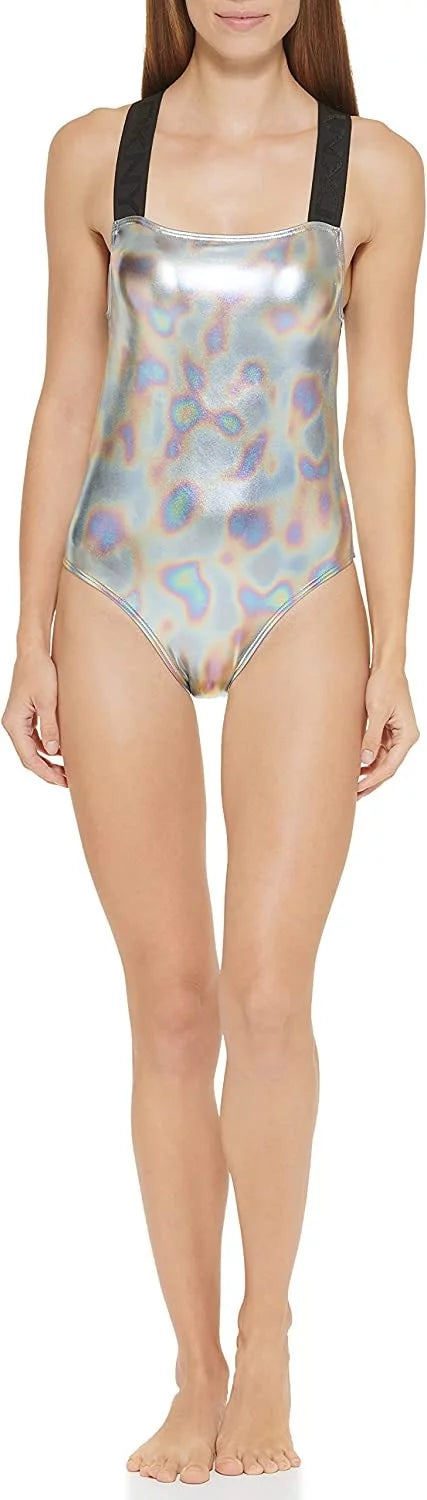 Metallic Swimsuit One Piece DKNY Crisscross Women's X-Large Size Gray