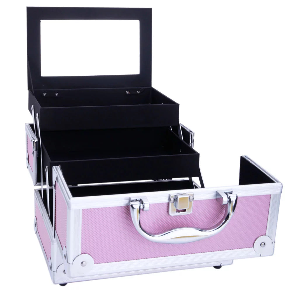 Silver Makeup Zimtown Jewelry Storage Portable Pink Bag Mirror Train with Aluminum Lock Case Box Case