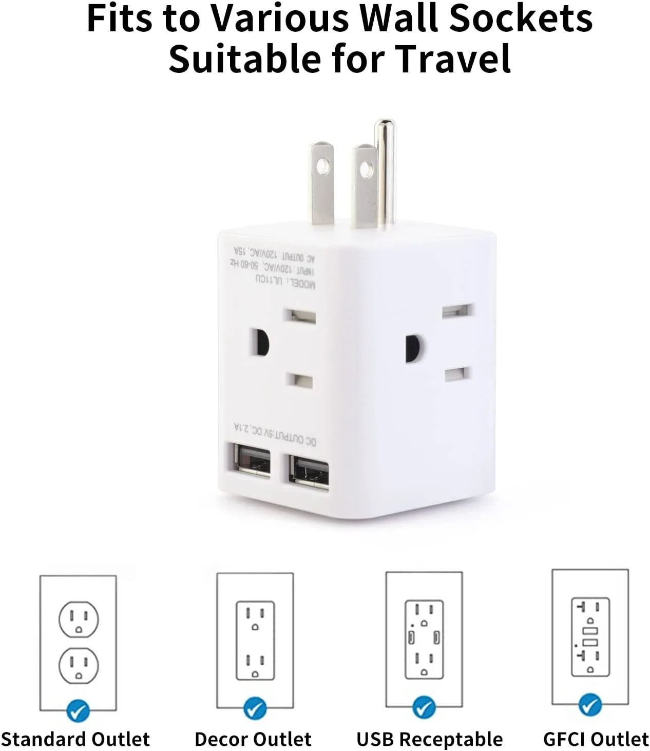 Multi Ship and Right Travel,White 3 Office Outlet Spaced USB USA 2 Wide Wall Plug Cruise Home Prong Angle Adapter 4 Plug with Charger Adapter Sockets, Wonplug Extender AC Cube for Splitter