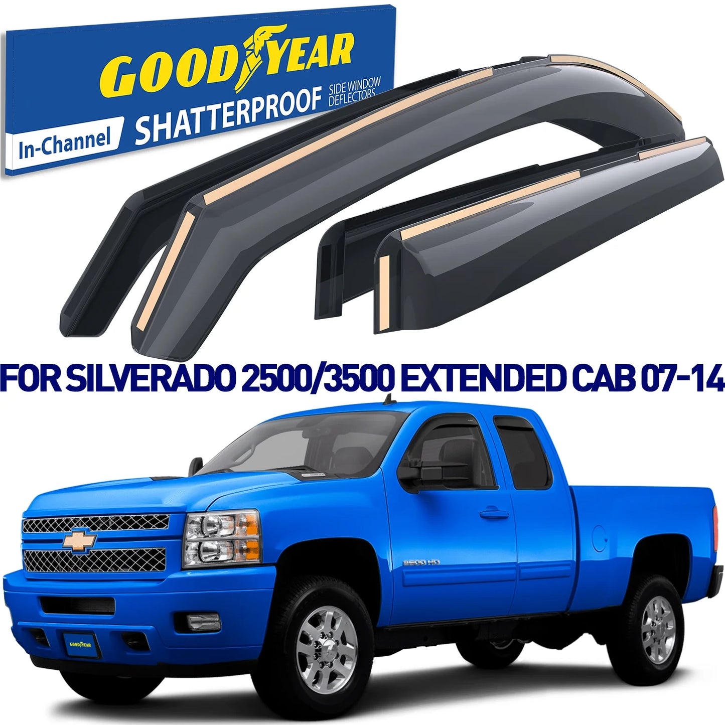 Cab,Rain Guards,Window Shatterproof Visors Extended Window for Deflector,Car Deflectors 2007-2014 Chevrolet(Chevy) Silverado pcs-GY007713 Accessories,4 in-Channel 2500HD/3500HD Cars,Vent Goodyear for