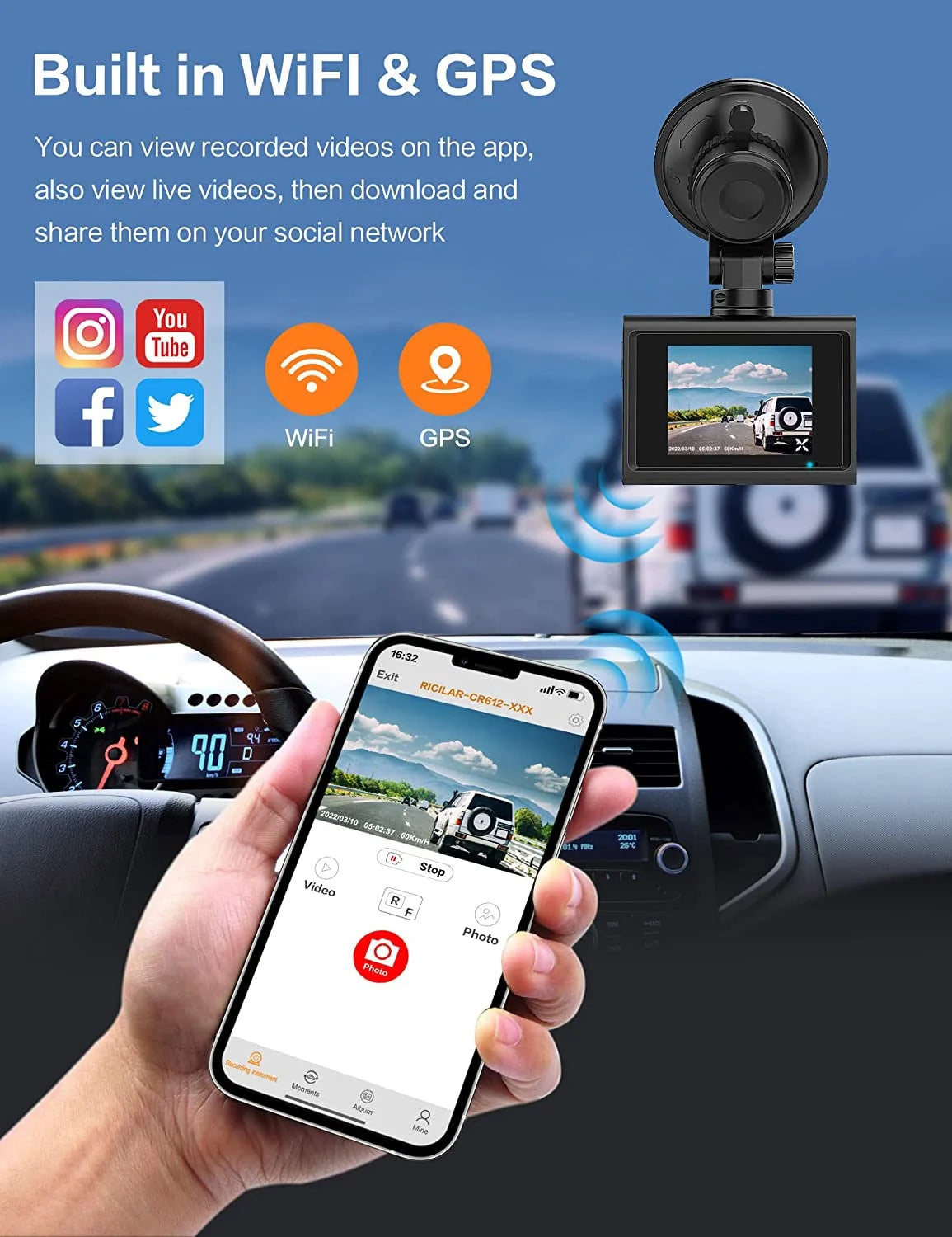 Dual SD Vision, 2 Wide Card, SD Rear Included Loop 64GB Parking Cars, with Cam Inch WIFI, Mode, Night Dash Card 4K Angle, Dash GPS and Dash Cam Camera with Front Recording, for