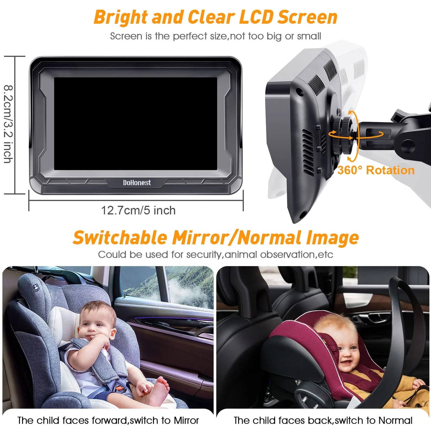 Backseat Play Install DoHonest Kids 1080P: Monitor -V33 3 Baby Easy Vision Car Camera HD Plug Rotating with Facing Two Car Camera Rear Camera 360&deg; Night Baby and Mins Crystal