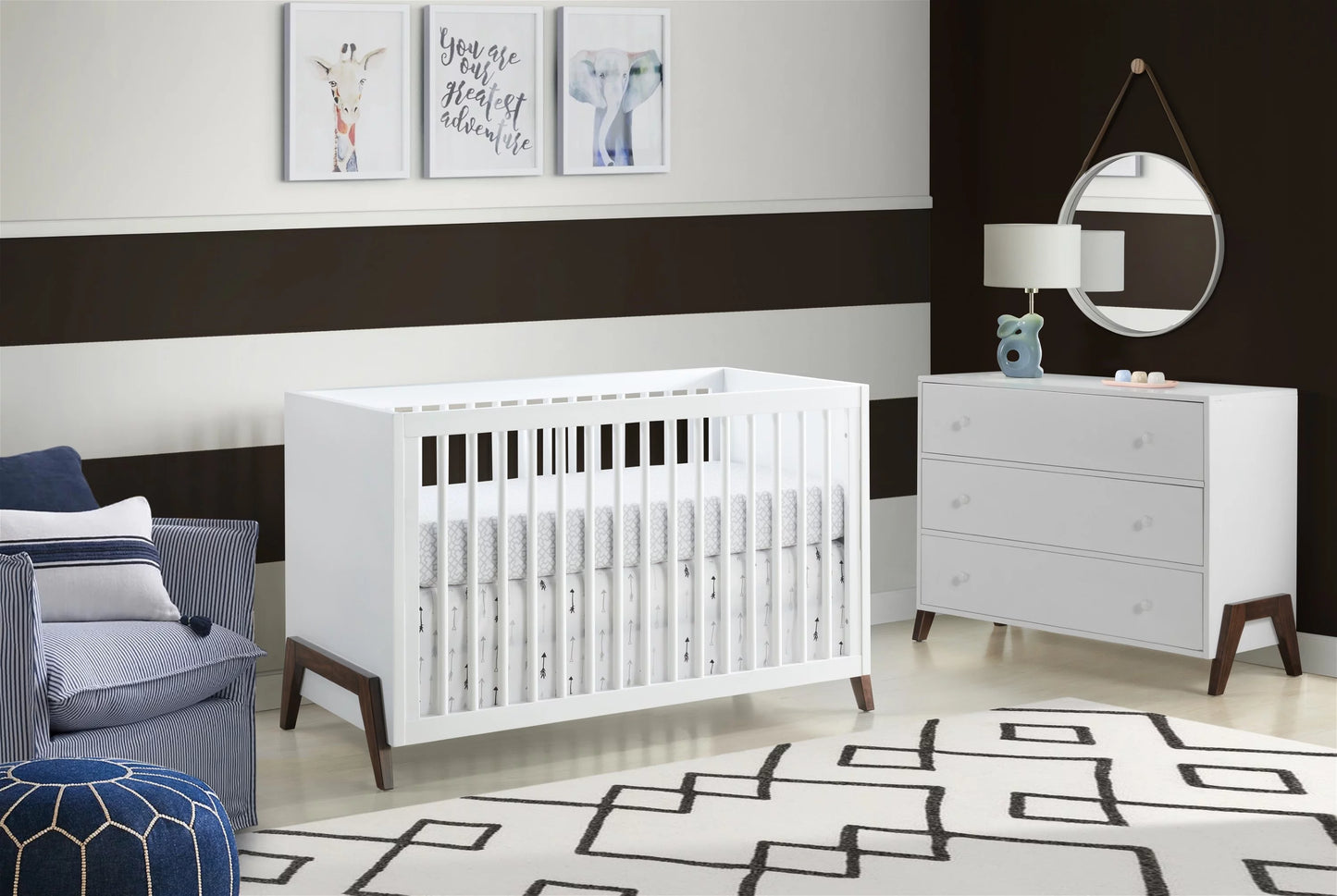 3-in-1 Crib Convertible Baby Modern Wooden Mari White & Island Oxford Crib, Walnut,