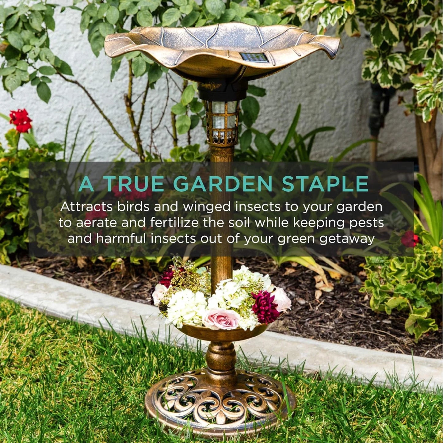 Scroll Lawn, Pedestal Integrated Decoration Bath Bronze Accents Outdoor - Fountain Lighted W/Planter, For Garden Panel, Solar