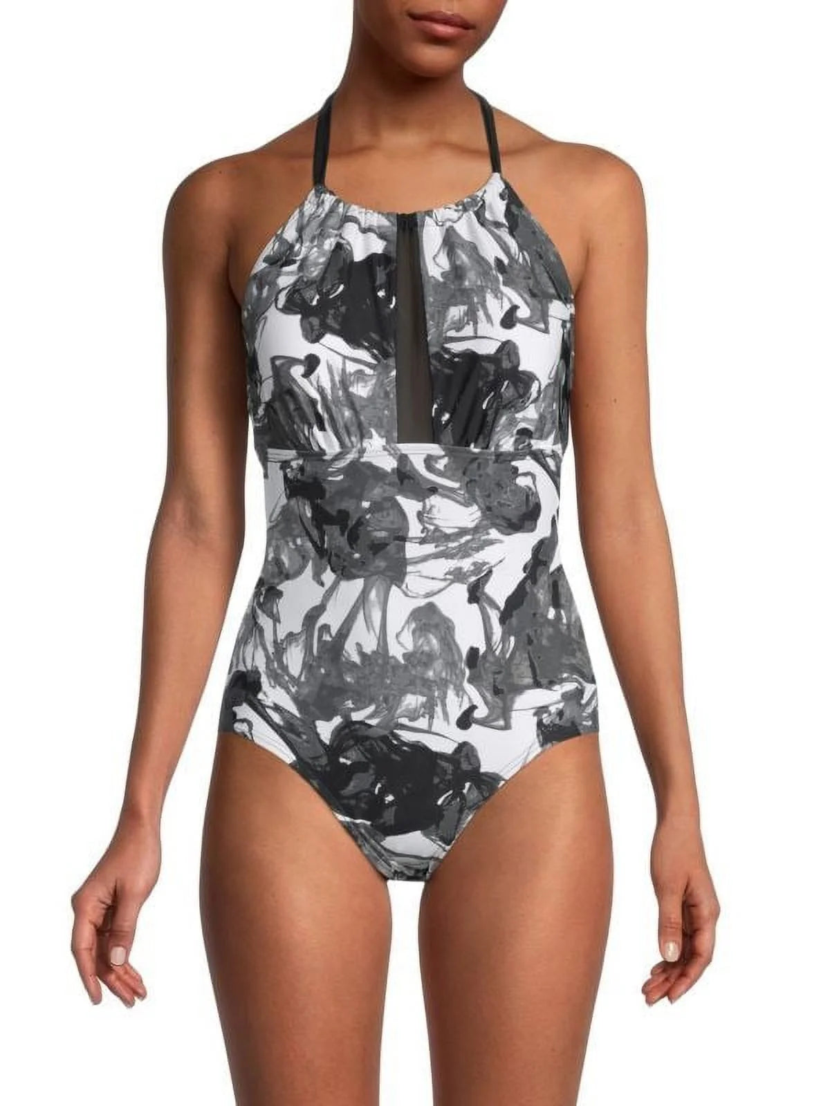 16 Klein MULTI Calvin One-Piece Halter High-Neck Swimsuit, SMOKE INK BLACK US