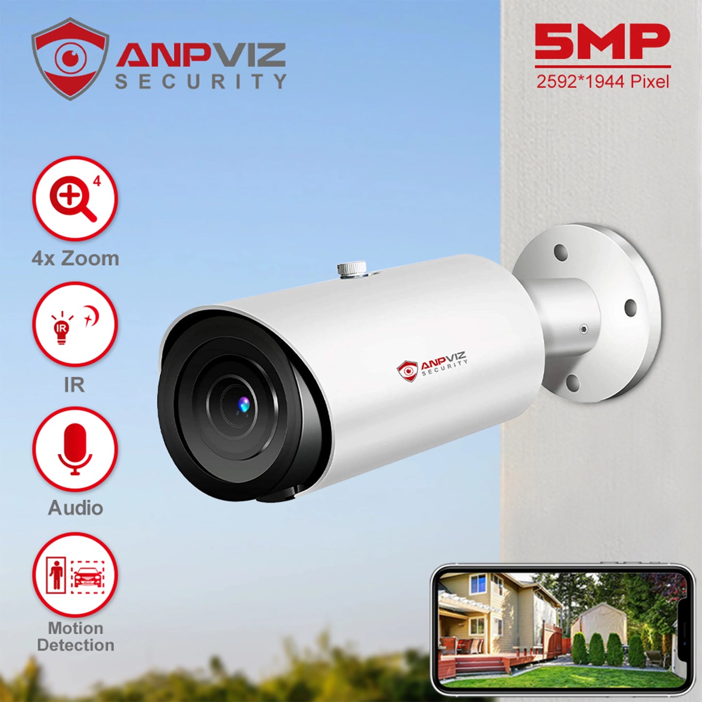 Distance Human Mic Vehicle in Built Support 5MP ANPVIZ Detection Camera IP66 4X Camera Bullet H.265 Zoom 30M IR